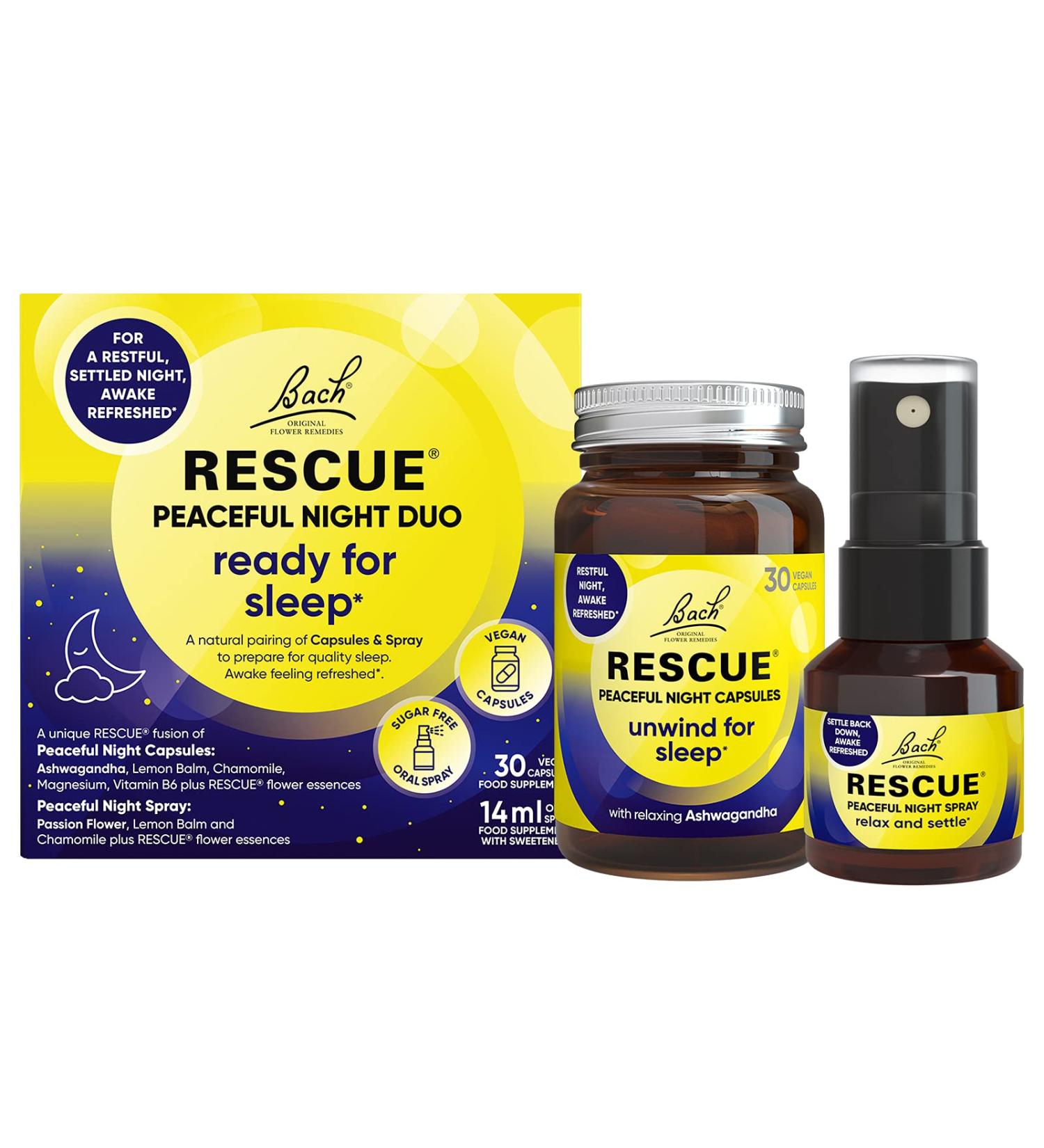 Nelsons Rescue Peaceful Night Duo - 30 Vegan Capsules & Sugar-Free Oral Spray for Restful Sleep - Buy Online on GoSupps.com