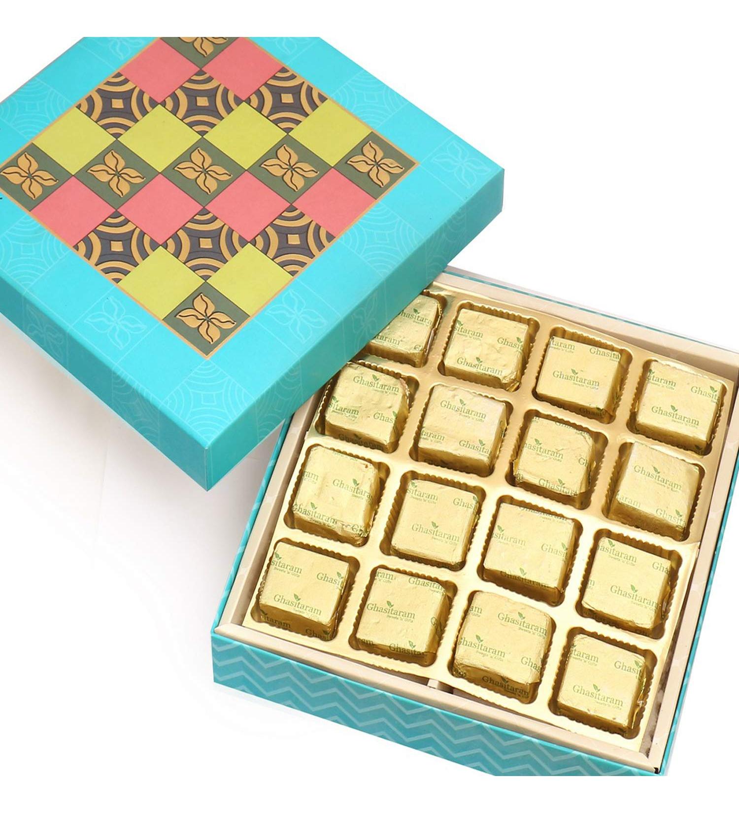 Ghasitaram Gifts Diwali Gifts Diwali Chocolates - Blue Colour Print 16 Pcs Chocolate Box - Buy Online on GoSupps.com