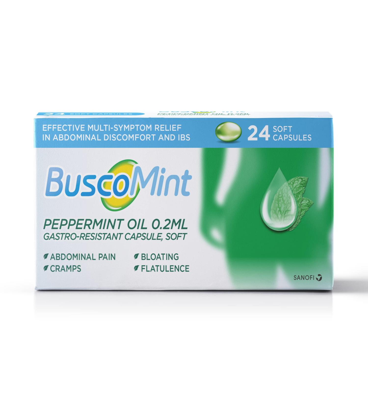 Buscomint Peppermint Oil Soft Gel Capsules 0.2ml - 24 Count - IBS Multi Symptom Treatment - Natural Ingredients - Preservative Free - Buy Online on GoSupps.com