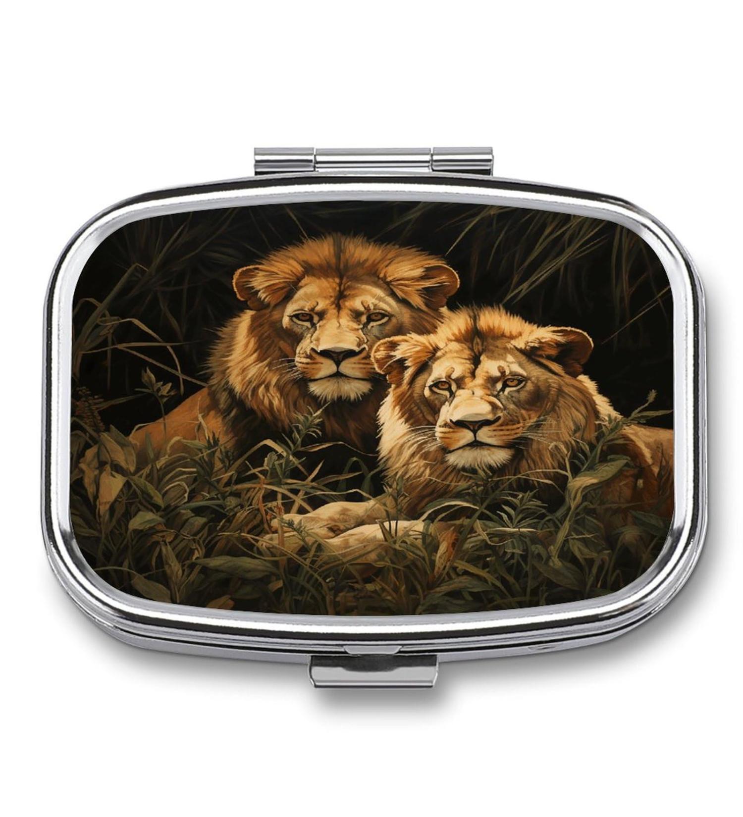 Stylish Two Lions Print Pill Box - 2 Compartment Medicine Organizer | Decorative Metal Portable Pill Case for Pocket & Purse - Buy Online on GoSupps.com