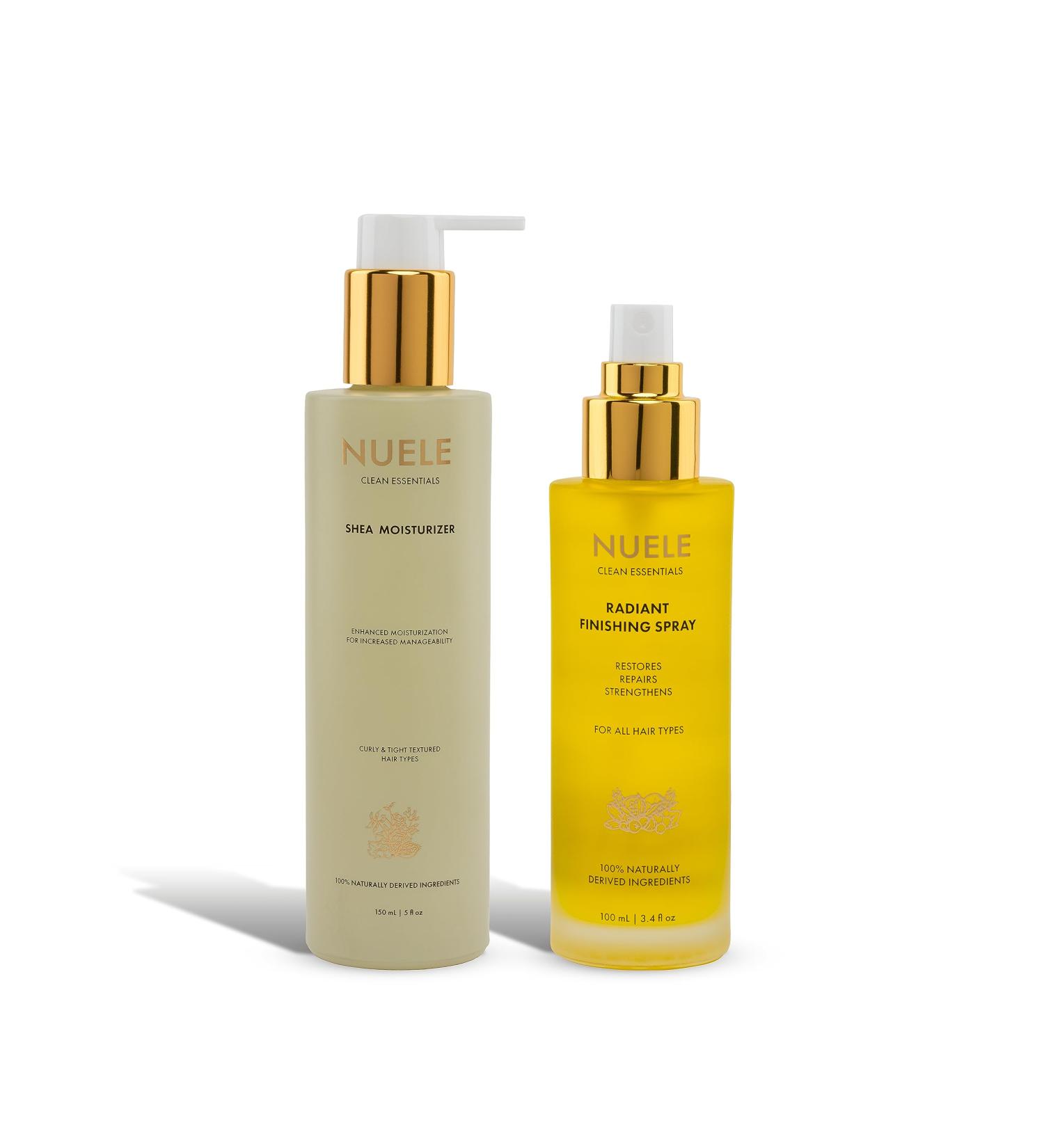 Nuele Clean Essentials Restoring Bundle - 5 Fl Oz Shea Moisturizer and 3.4 Fl Oz Radiant Finishing Spray - For All Hair Types - 100% Naturally Derived Ingredients - Buy Online on GoSupps.com