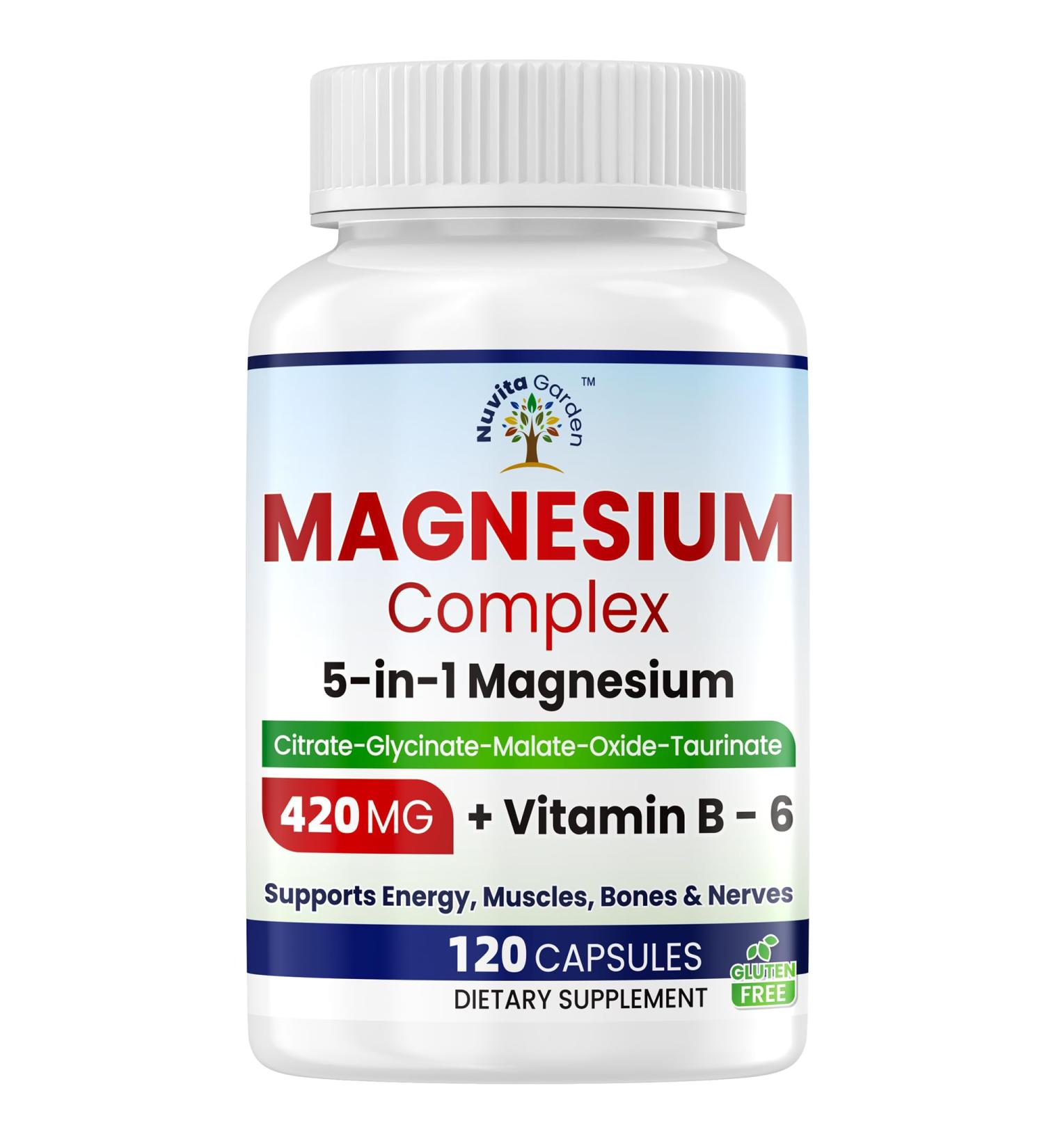 Magnesium Complex 420mg - 5 in 1 Magnesium Supplement with Glycinate Citrate Malate Oxide Taurinate + 30mg Vitamin B6 Magnesium Relaxation Sleep Muscle Energy & Heart Support Vegan 120 Capsules - Buy Online on GoSupps.com