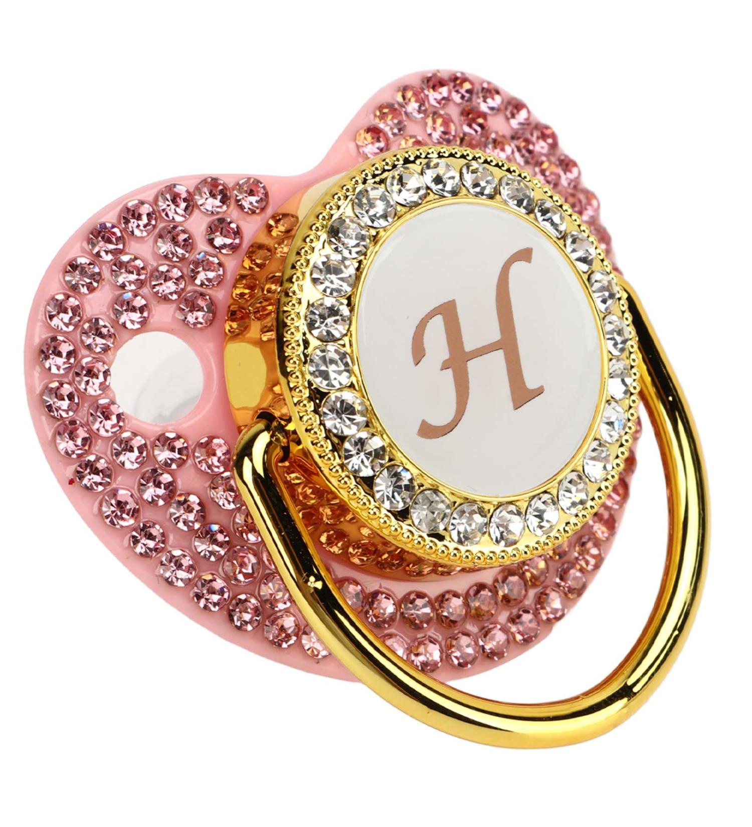 Personalized Rhinestone Baby Pacifier Clip Set - Letter H | Curved Design Silicone Soother for Milk Feeding - Buy Online on GoSupps.com