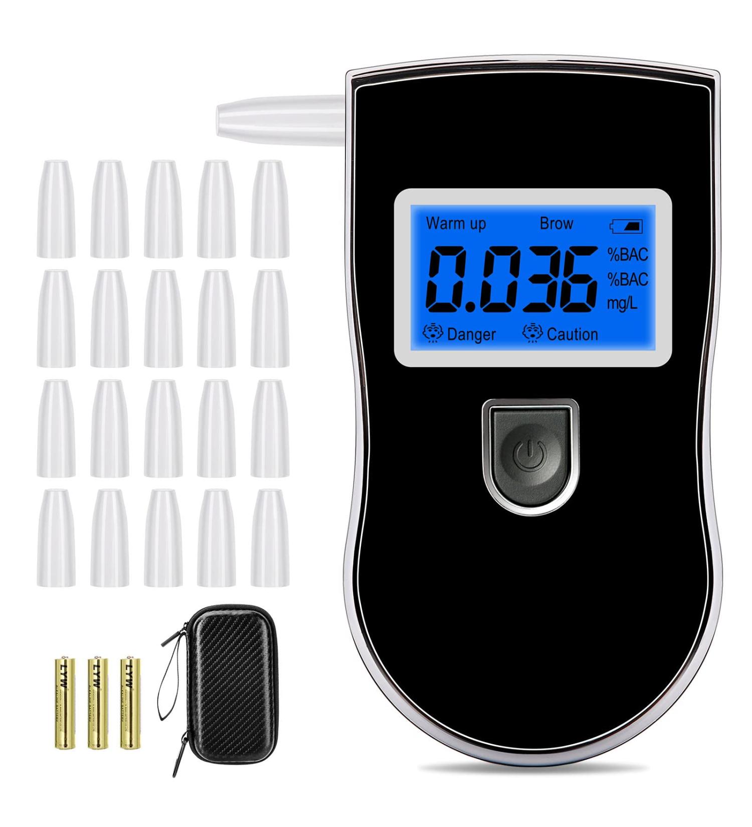 Professional Grade Alcohol Breathalyzer - Portable Blood Alcohol Tester with LCD Display & 20 Mouthpieces | Home Use | Black - Buy Online on GoSupps.com