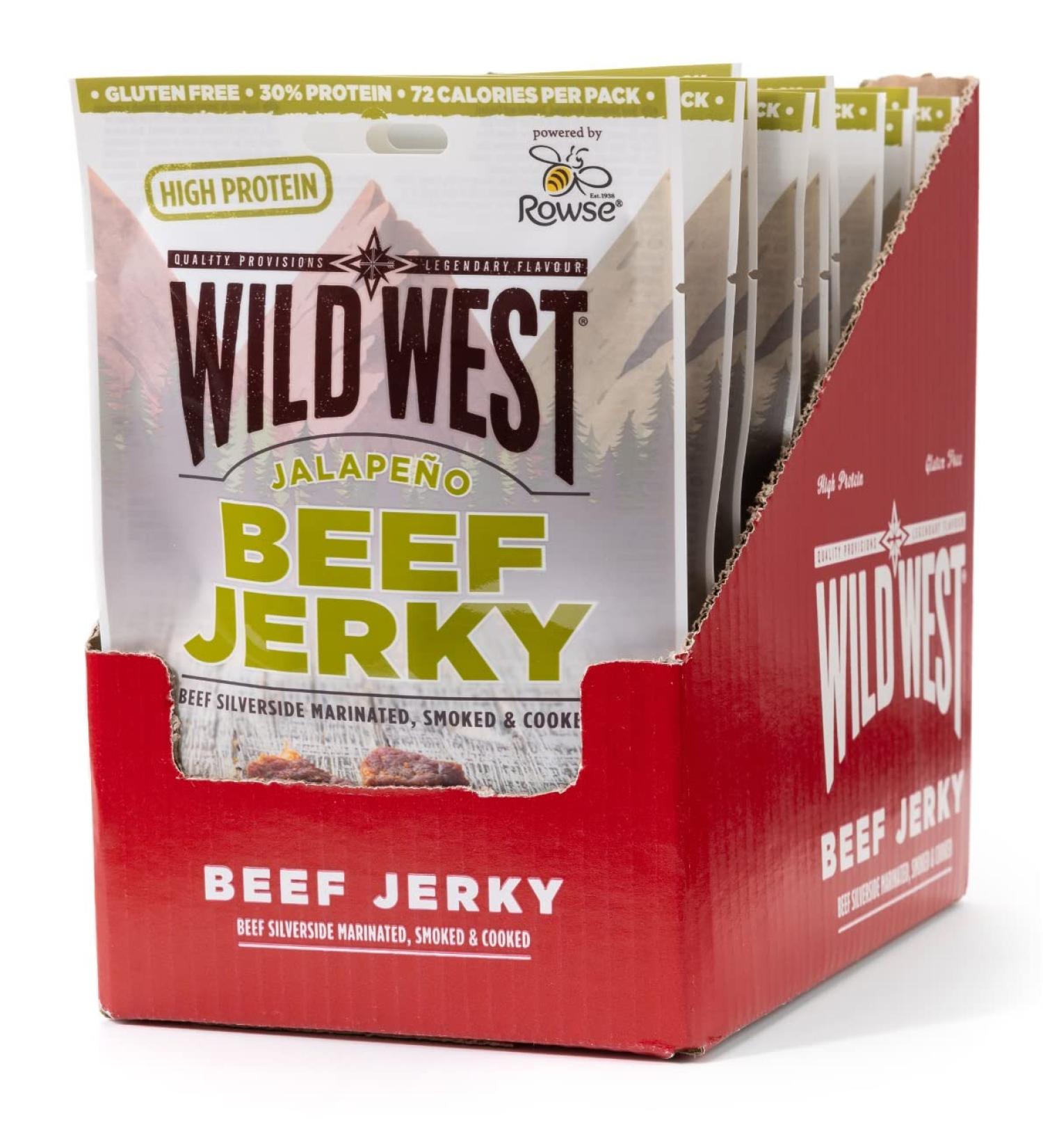 Wild West Beef Jerky - Pack of 12 Jalapeno 60g High Protein Snacks | Premium Dried Meat for International Shipping - Buy Online on GoSupps.com