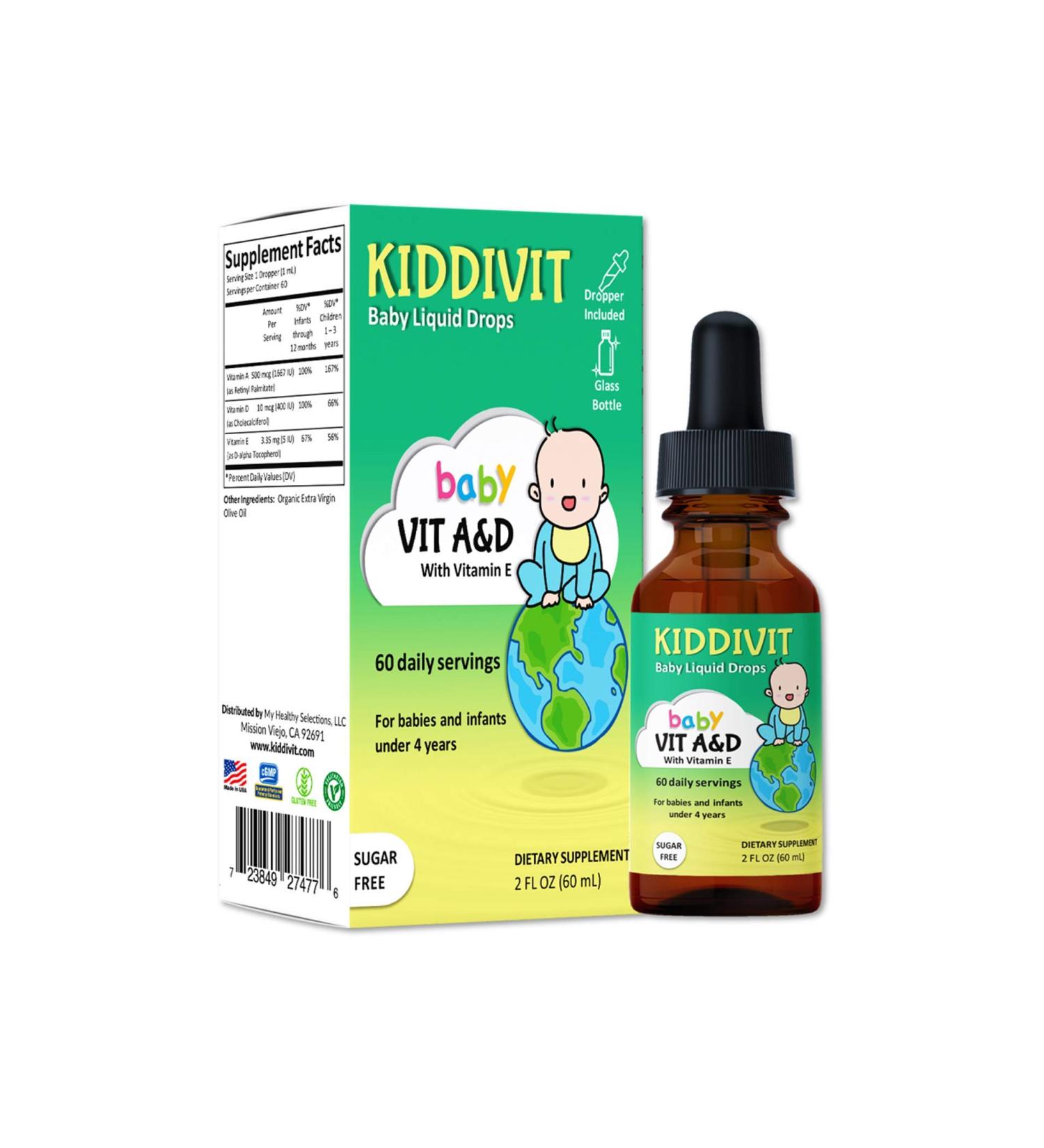 Kiddivit Baby Vitamin A&D Liquid Drops - 60 Daily Servings - 2 Fl Oz Glass Bottle with Dropper - Sugar Free, Gluten Free, Vegetarian Friendly - Buy Online on GoSupps.com