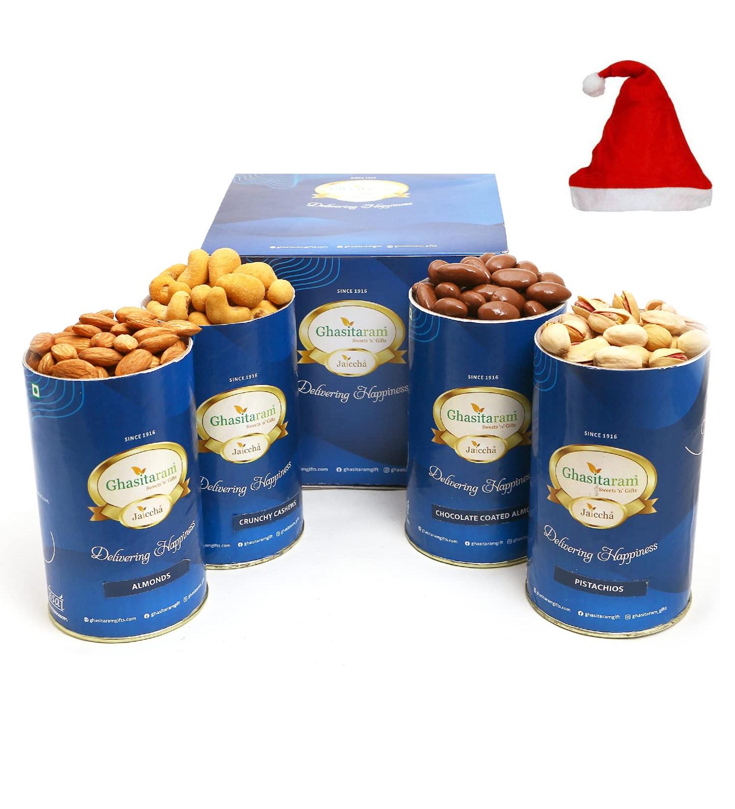 Jaiccha Ghasitaram Christmas Gifts Crunchy Cashews Almonds Pistachios Chocolate Almonds Cans Cashews Almonds Pista Choco Almonds Cans Cap - Buy Online on GoSupps.com