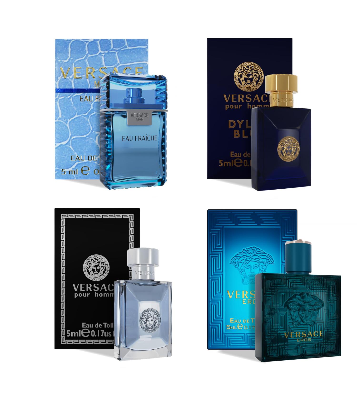 Versace Cologne for Men Set of 4 Mini Eros Pour Homme Dylan Blue Eau Fraiche Perfume for Men Fragrance Sampler Set - Designer Mens Cologne Samples (4 Count 0.17 oz) Eros Pour Homme Dylan Blue Eau Fraiche 0.17 Fl Oz (Pack of 4) - Buy Online on GoSupps.com