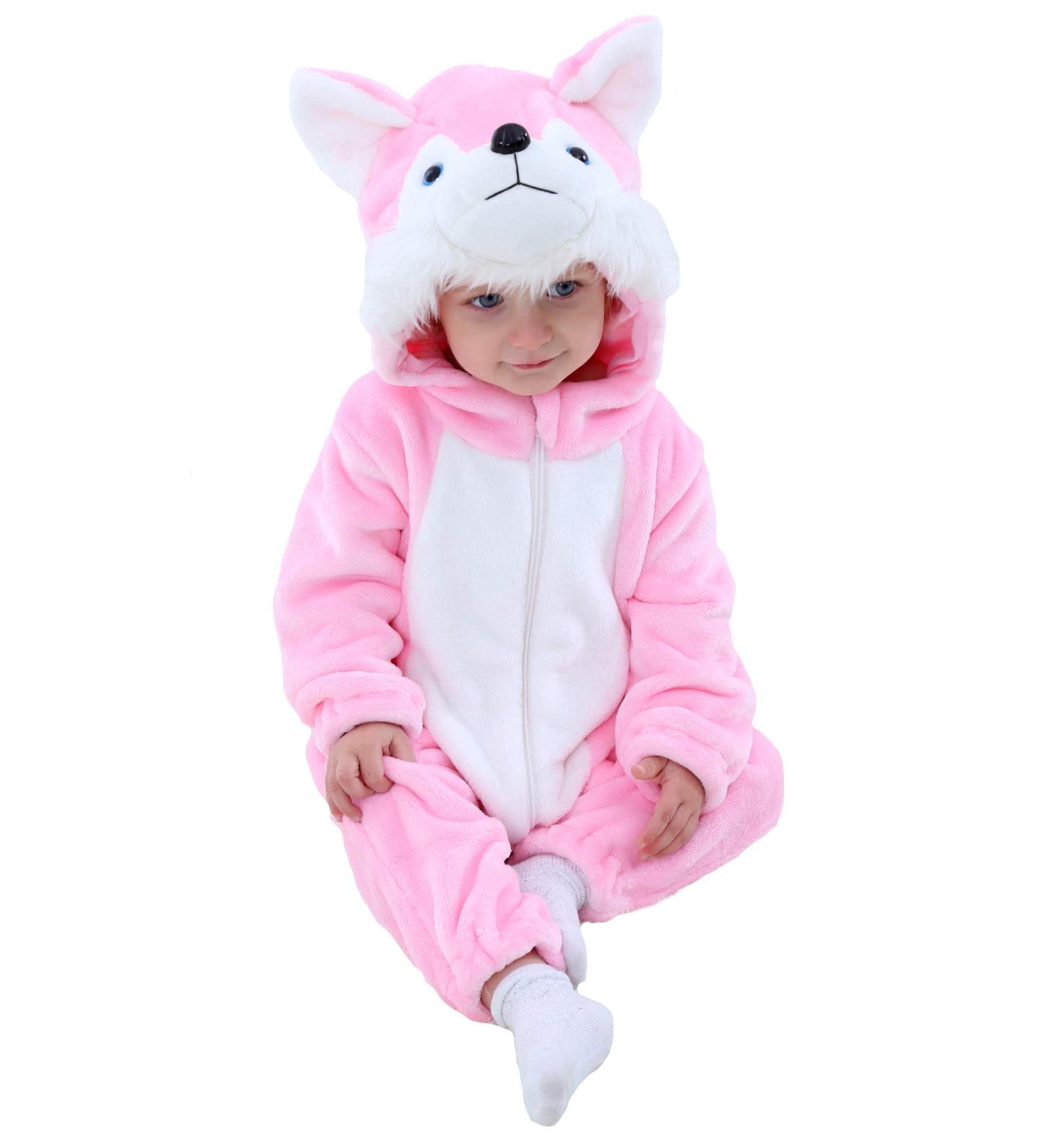 Doladola Unisex Baby Hooded Pink Husky Romper 12-18 Months | Cute Cartoon Animal Jumpsuit for Toddlers | Infant's Pajama Outfit - Buy Online on GoSupps.com