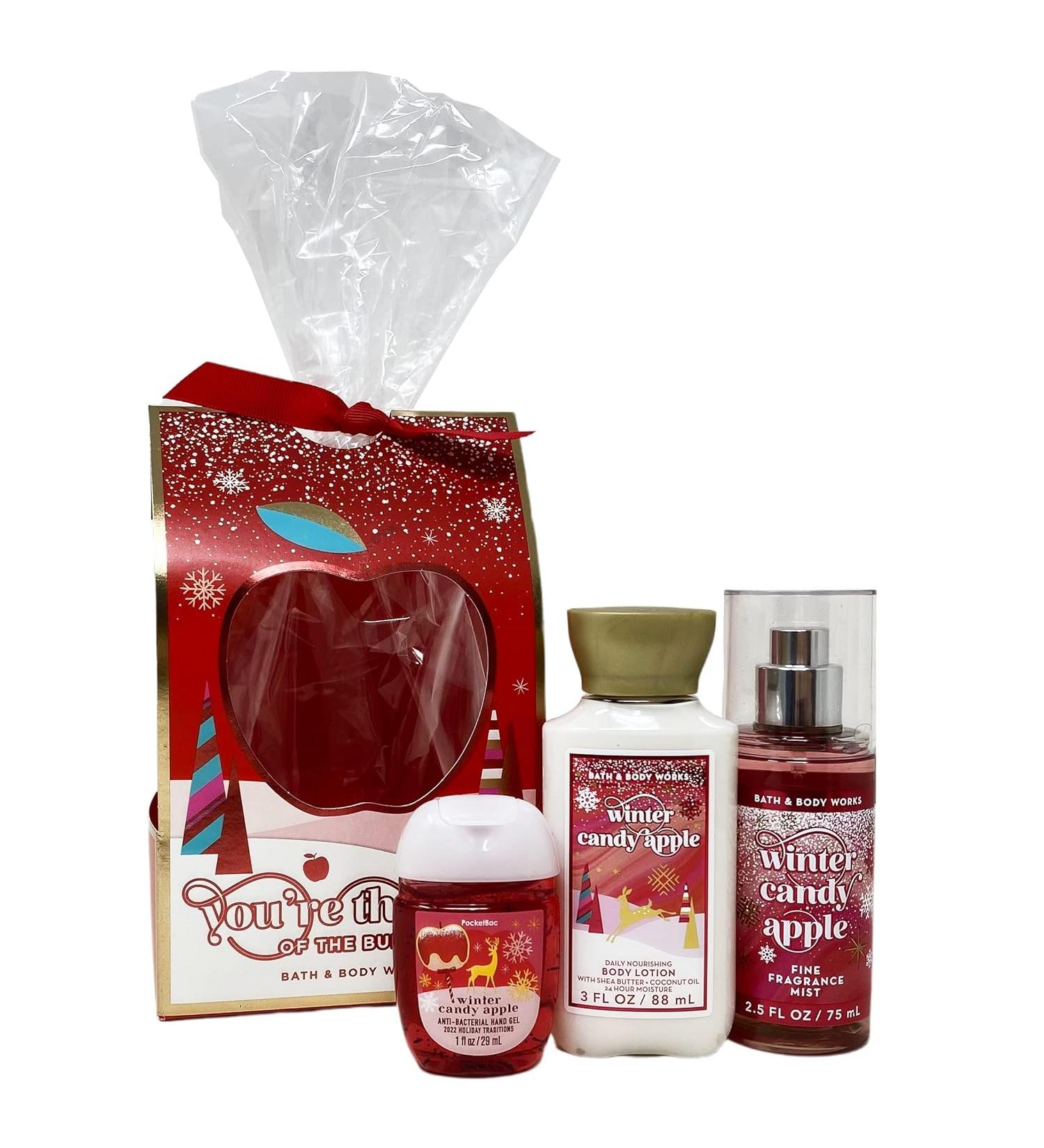 Bath & Body Works Winter Candy Apple Travel Gift Bag Set - Fine Fragrance Mist - Daily Nourishing Body Lotion - Hand Gel - Travel Size