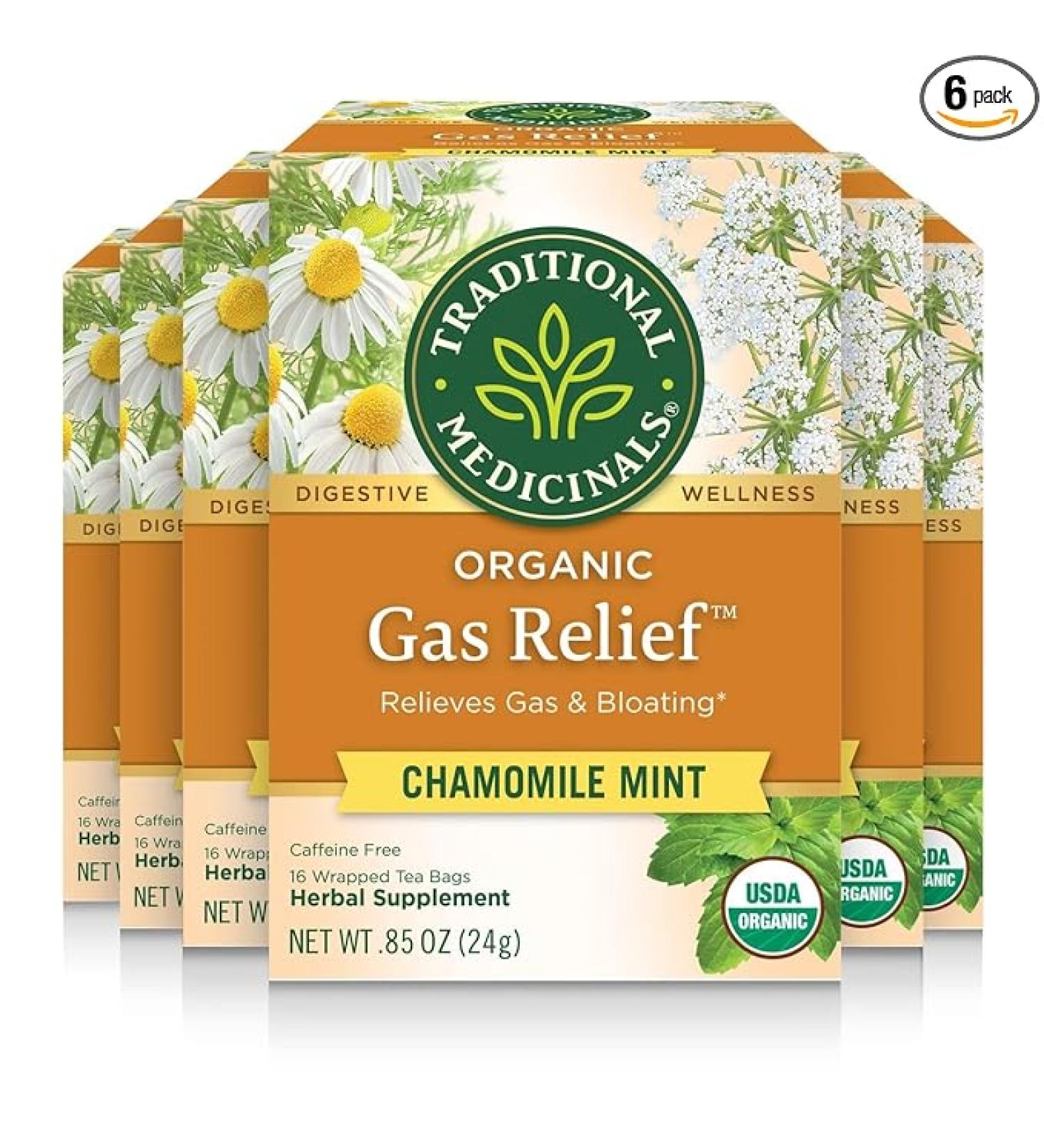 Traditional Medicinals Tea Organic Gas Relief  Relieves Gas & Bloating Chamomile Mint 16 Count (Pack of 6) - Buy Online on GoSupps.com