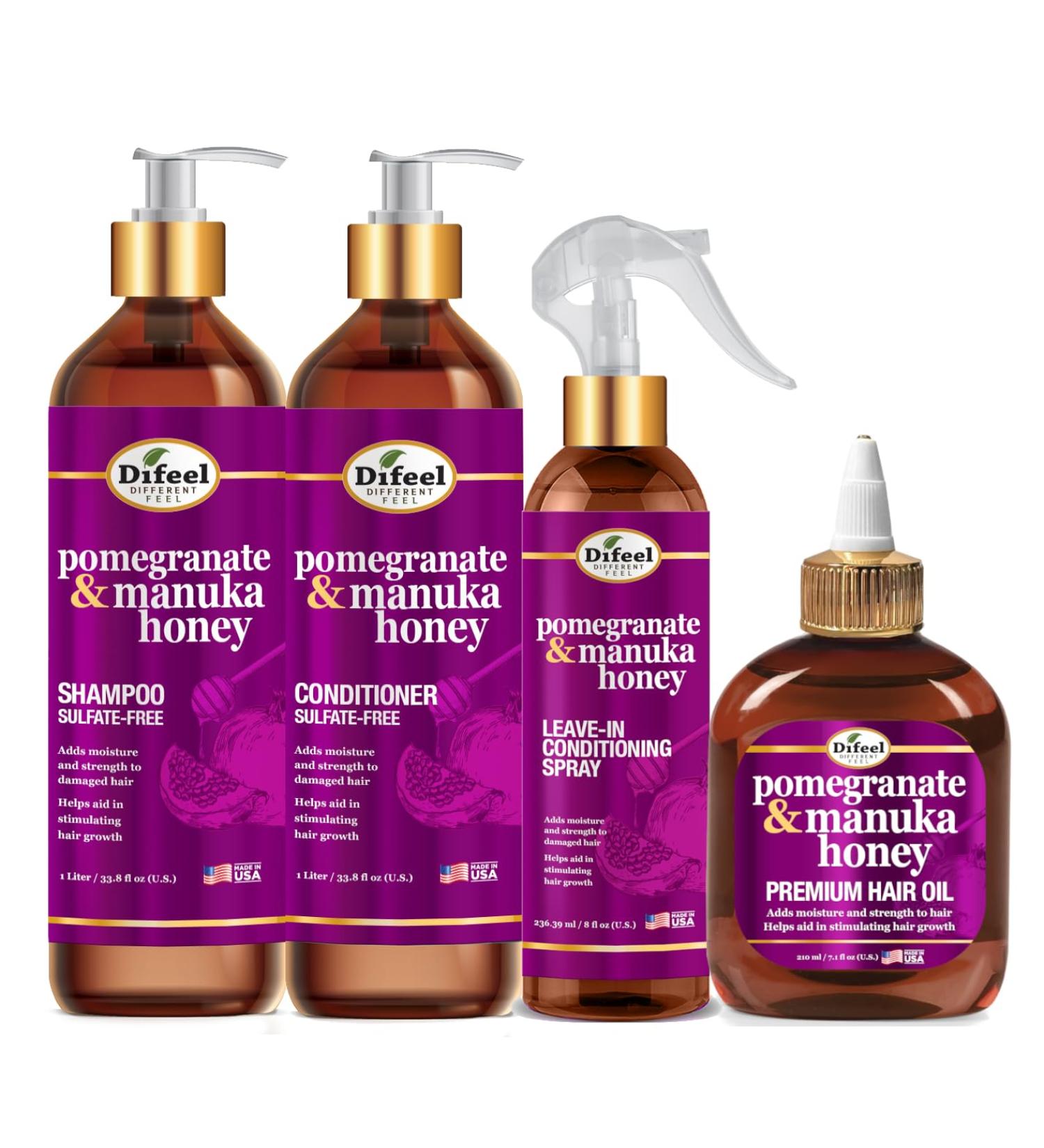 Difeel Pomegranate & Manuka Honey Shampoo & Conditioner Set - 4-PC (33.8oz Shampoo 33.8oz Conditioner 8oz Leave-In Spray 7.1oz Hair Oil) - Nourish & Revitalize Hair - International Shipping Available - Buy Online on GoSupps.com