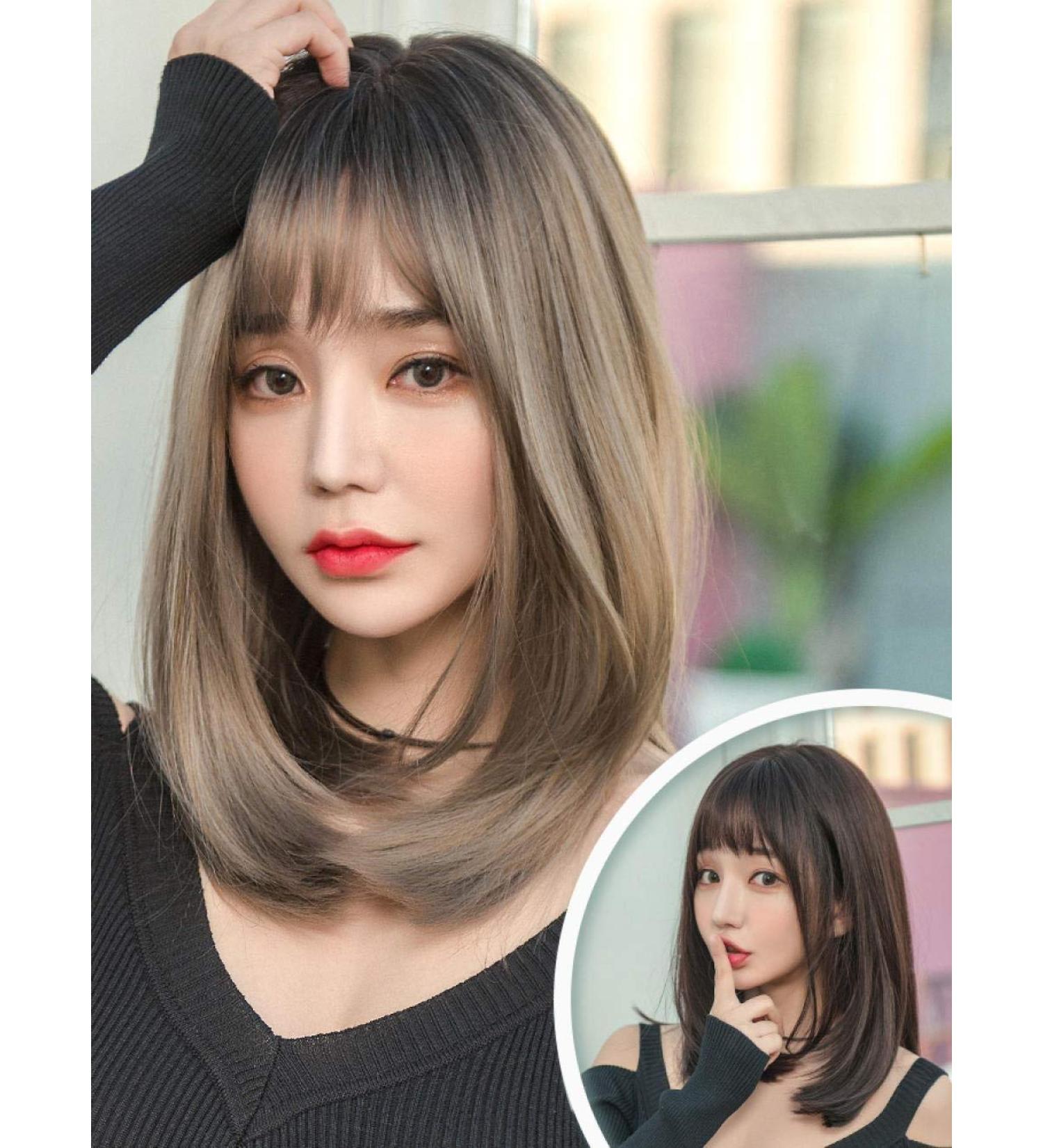 BGHJUE Wig female long hair straight hair realistic natural full head style hair set clavicle hair repair face short hair
