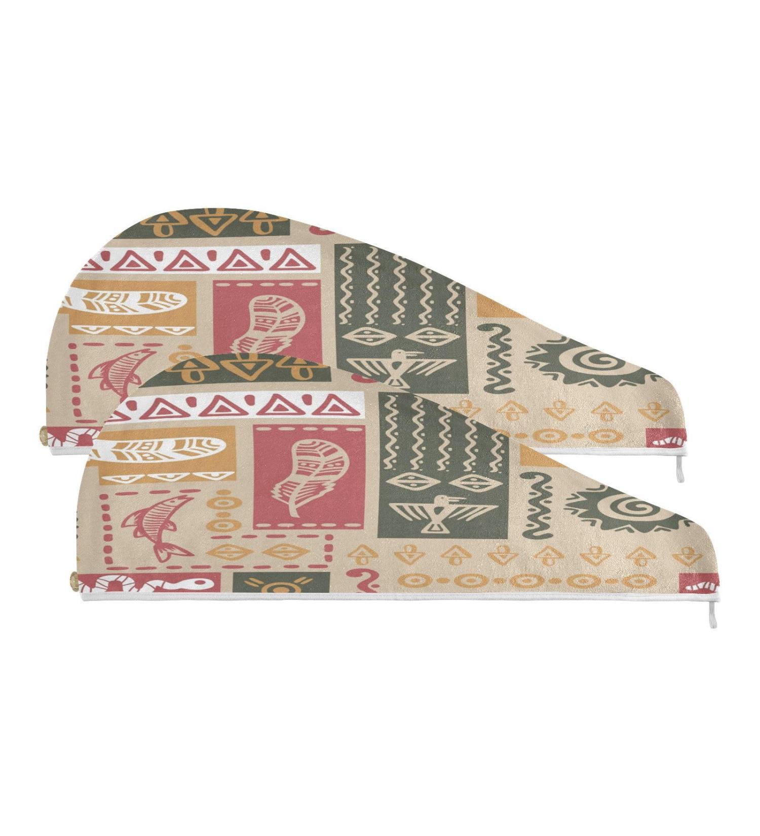 Tribal Ethnic Drawing Dry Hair Cap & Towel Set | Quick-Dry Super Absorbent Soft 2-Piece Bundle - Buy Online on GoSupps.com