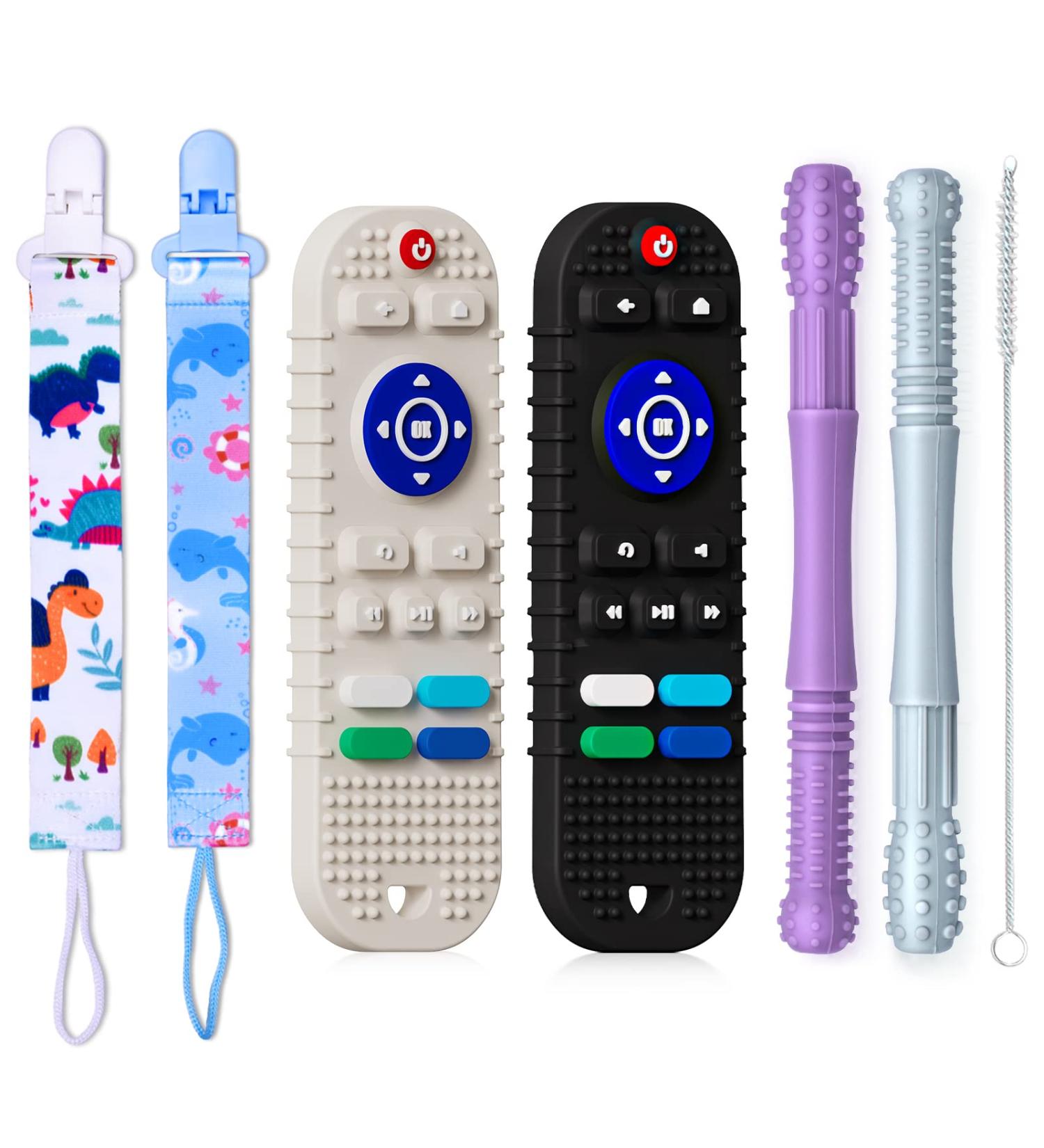 FFTROC Silicone Teething Toys for Babies - Remote Control Shape Teether Tube Chew Toys 4 Pack - Boys Girls Educational Sensor Toys - Buy Online on GoSupps.com