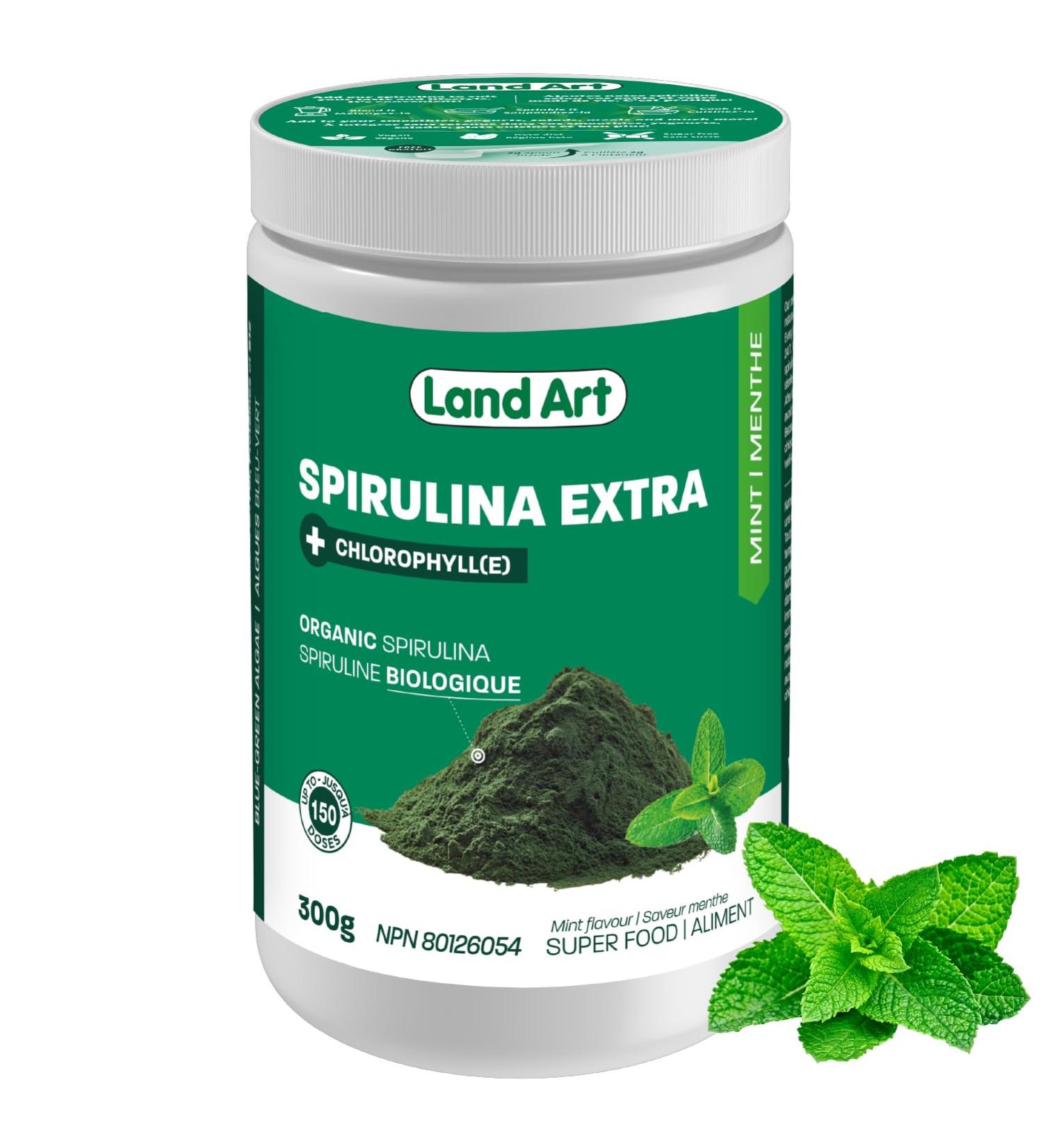 Certified Organic Fresh Spirulina Extra Powder 300g - Improved with Bioavailable Chlorophyll Added - Mint flavoured - Clean Source - 3rd party tested - Measuring Spoon Inside - Made in Canada - Buy Online on GoSupps.com