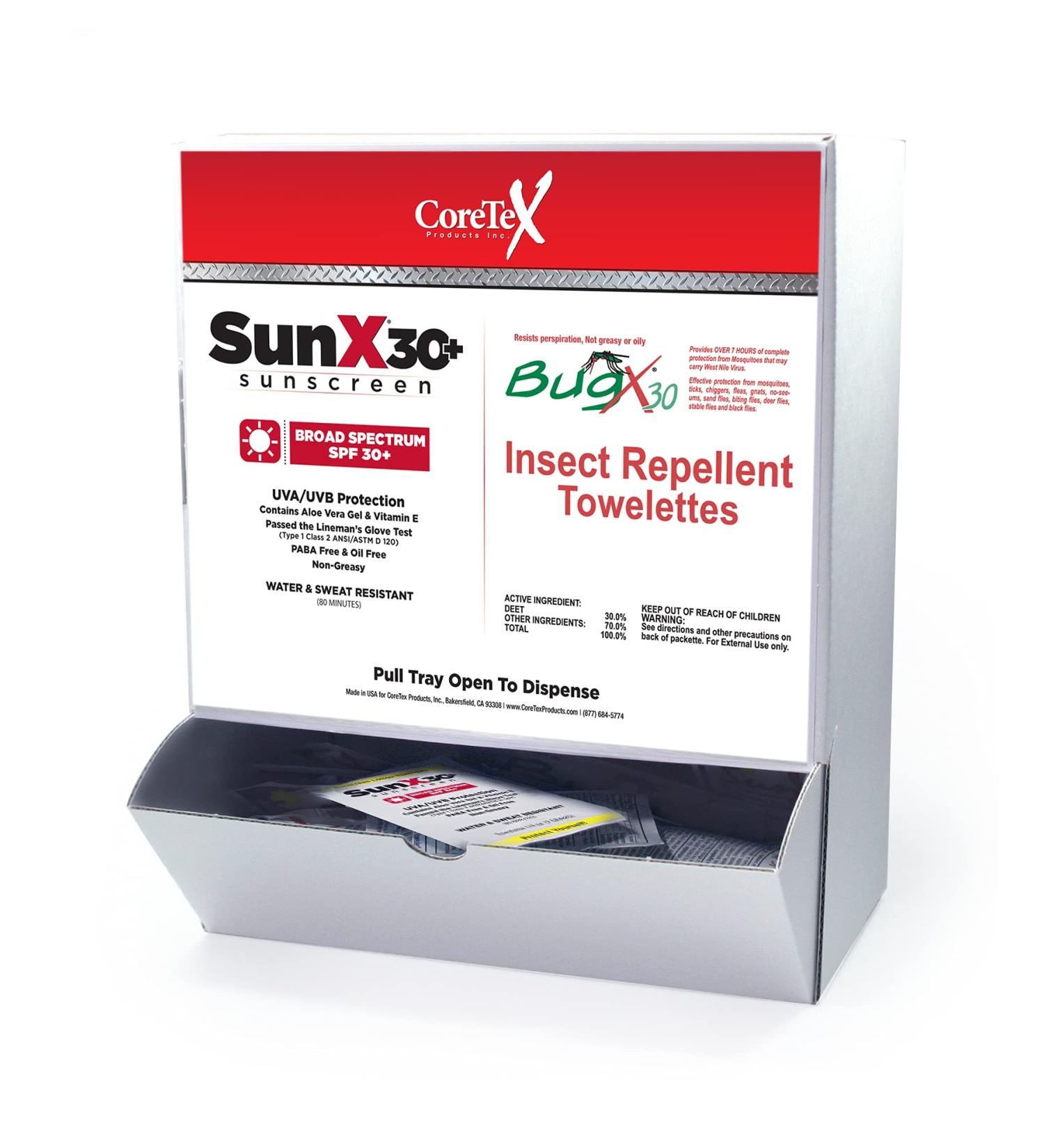 CoreTex SunX SPF 30+ Lotion & BugX 30 Insect Repellent Combo Wallmount Box (50 Towelettes) - Protect Your Skin Outdoors - Buy Online on GoSupps.com