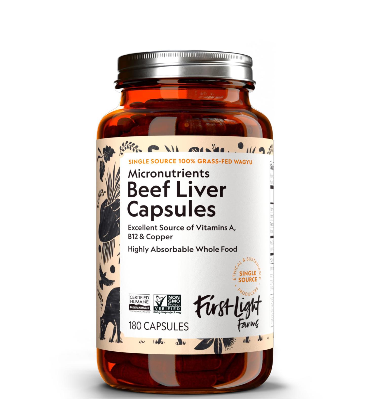 First Light Farms Grass-Fed Beef Liver Capsules | Nutrient-Dense Whole Food Nutrition, Freeze-Dried, Grassfed & Certified Humane | 180 Capsules for Energy, Immunity, and Overall Wellness - Buy Online on GoSupps.com