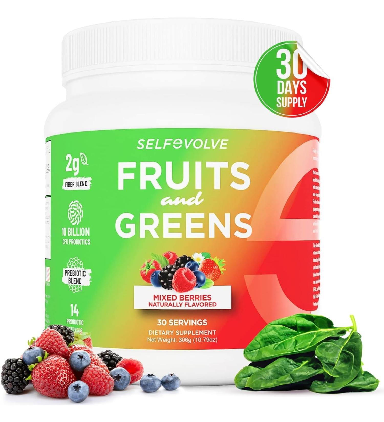 selfevolve Fruits and Greens Organic Probiotic Powder: 30 Servings for Men & Women. Vegan with 10 Billion CFUs Spirulina Kale Spinach Chlorella Elderberry Digestive Enzymes - Probiotics - Buy Online on GoSupps.com