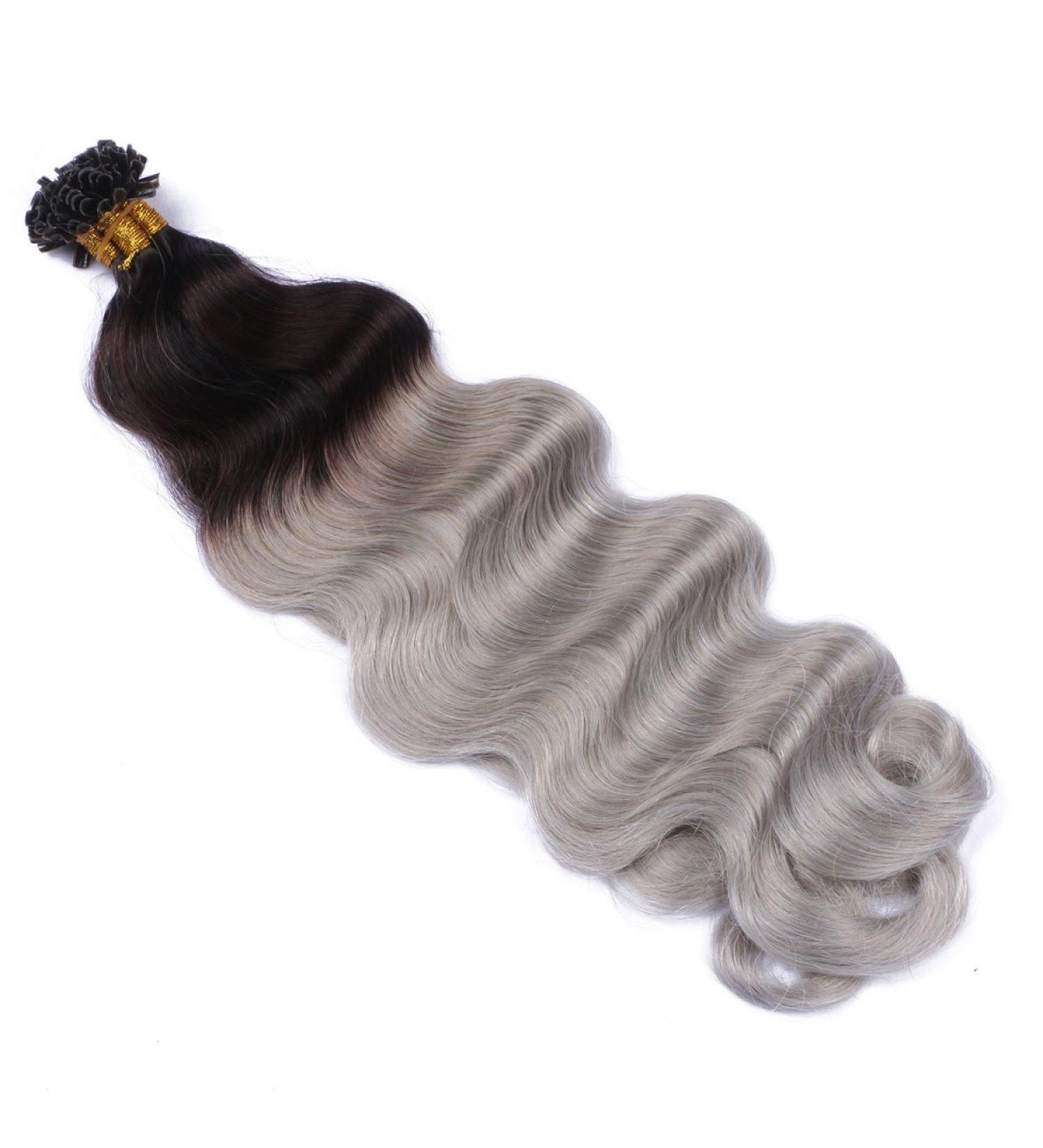 Shop 100% Remy Keratin Bonded Hair Extensions | #1B/Silver Ombre 50cm Wavy 50 Strands Easy to Use - Buy Online on GoSupps.com