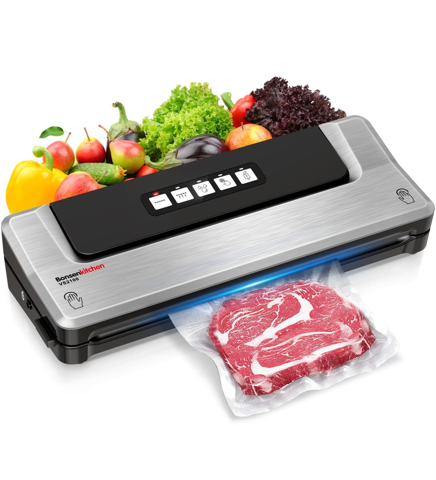Bonsenkitchen Food Sealer Machine - 5-in-1 Vacuum Sealer for Sous Vide & Food Storage - Includes 5 Bags & 1 Suction Hose - Silver - Buy Online on GoSupps.com