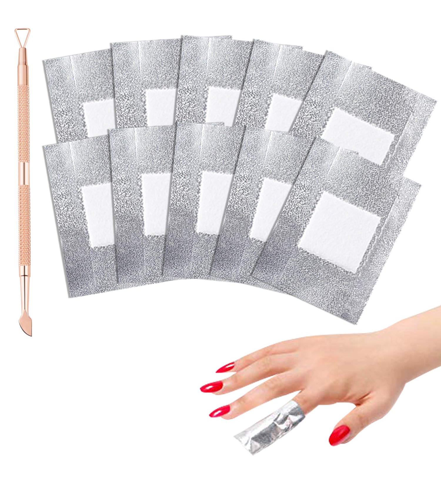 Gel Nail Polish Remover Set - 300 Foil Nail Wraps/Wipes with Rose Gold Cuticle Pusher - Buy Online on GoSupps.com
