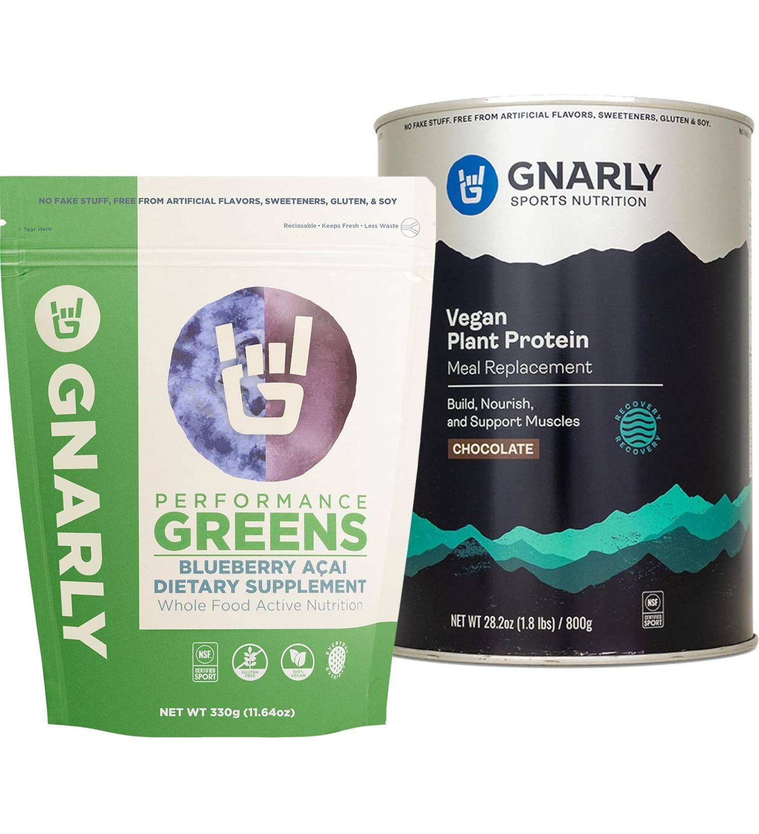 Gnarly Nutrition Performance Greens Blueberry A ai (11.64 oz) and Gnarly Vegan Plant Protein Meal Replacement - Chocolate (28.2oz) - Buy Online on GoSupps.com