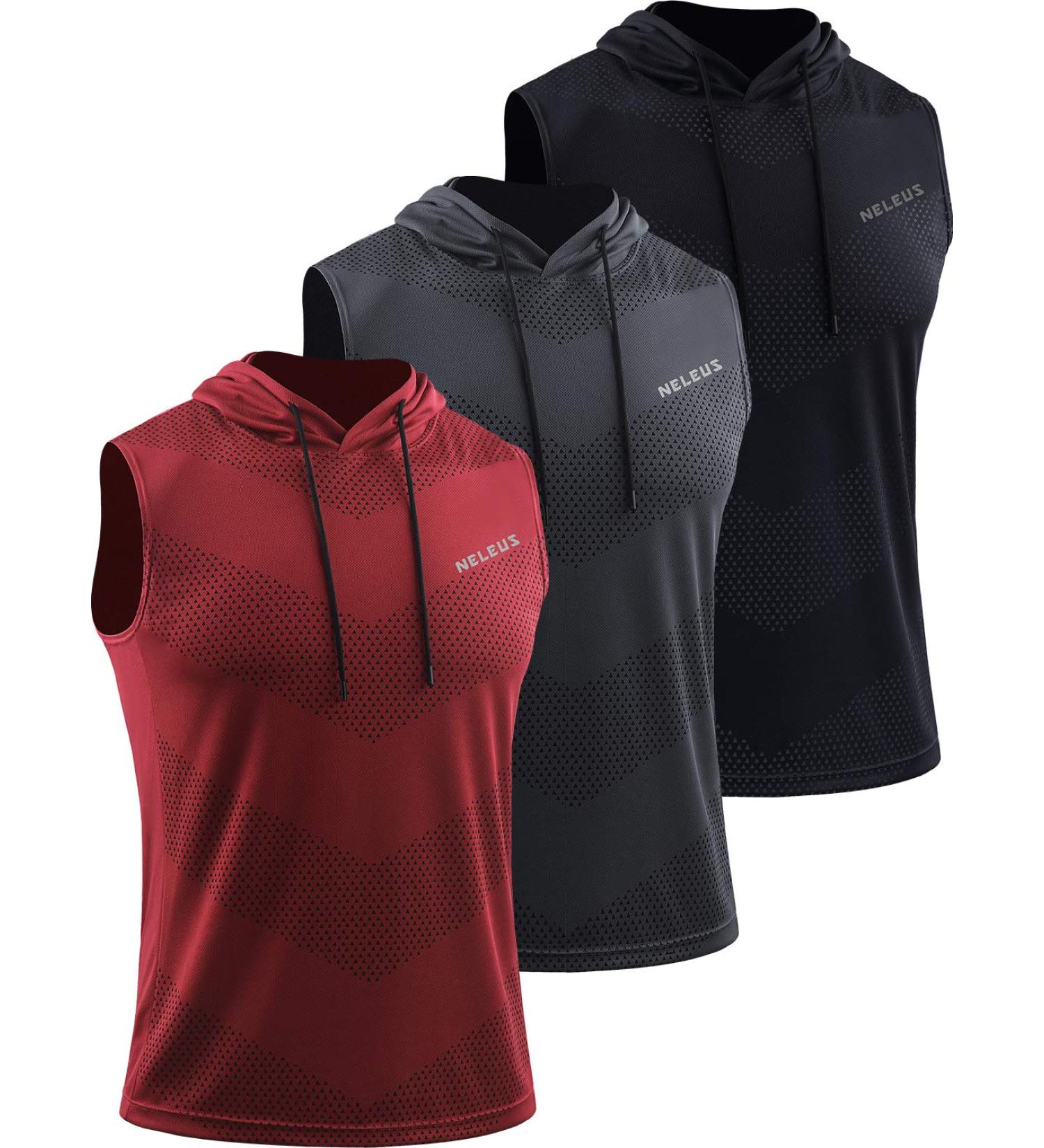 Neleus Men's Sleeveless Workout Tank Tops with Hoodie - 3 Pack (Black/Grey/Red) - Size Large | Style 5098 - Buy Online on GoSupps.com