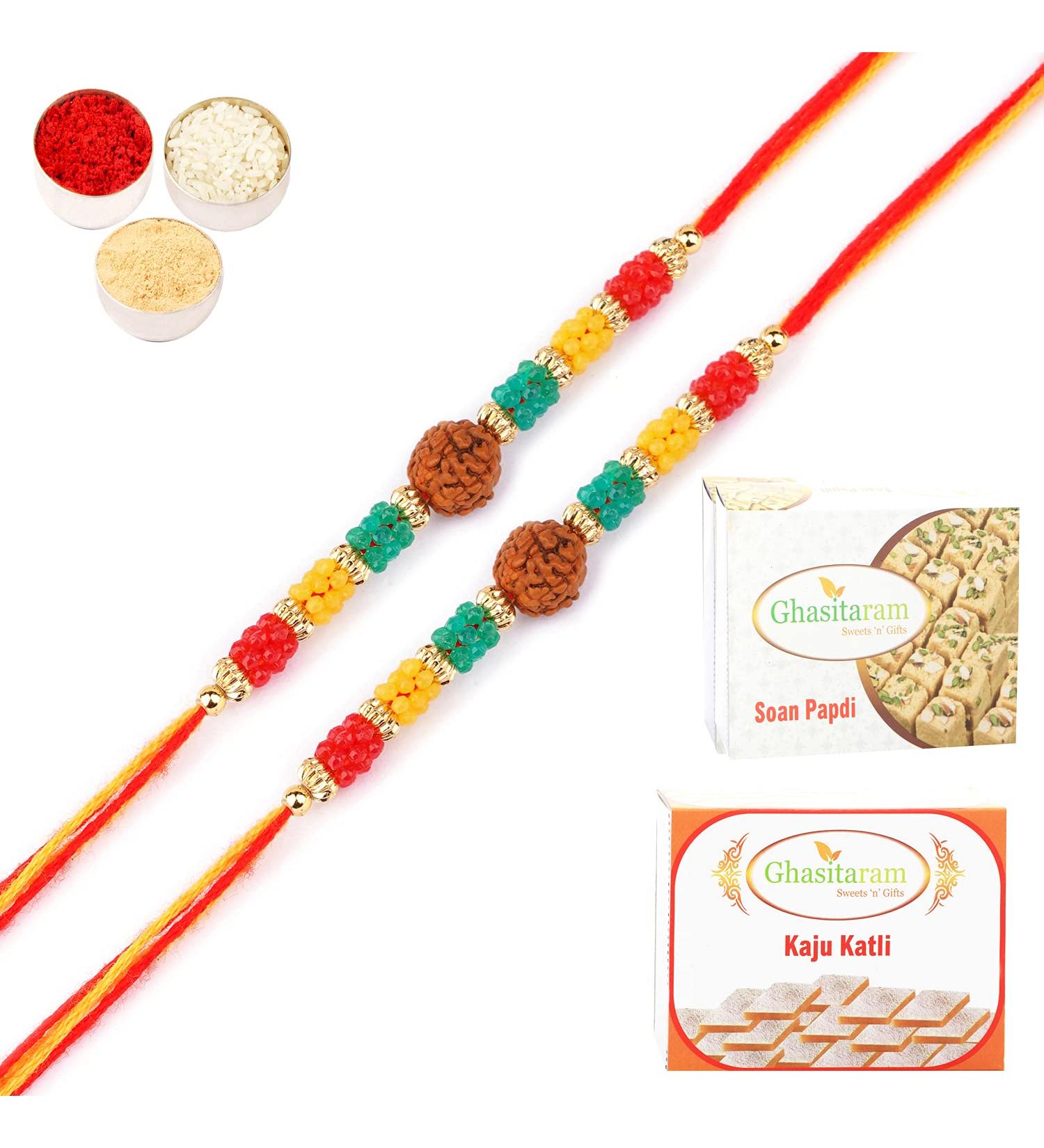 Ghasitaram Gifts Rakhi for Brother Rakhis Online - Set of 2-1986- Rudraksh Rakhi with 200 GMS of Kaju katli and 200 GMS of Soan Papdi - Buy Online on GoSupps.com