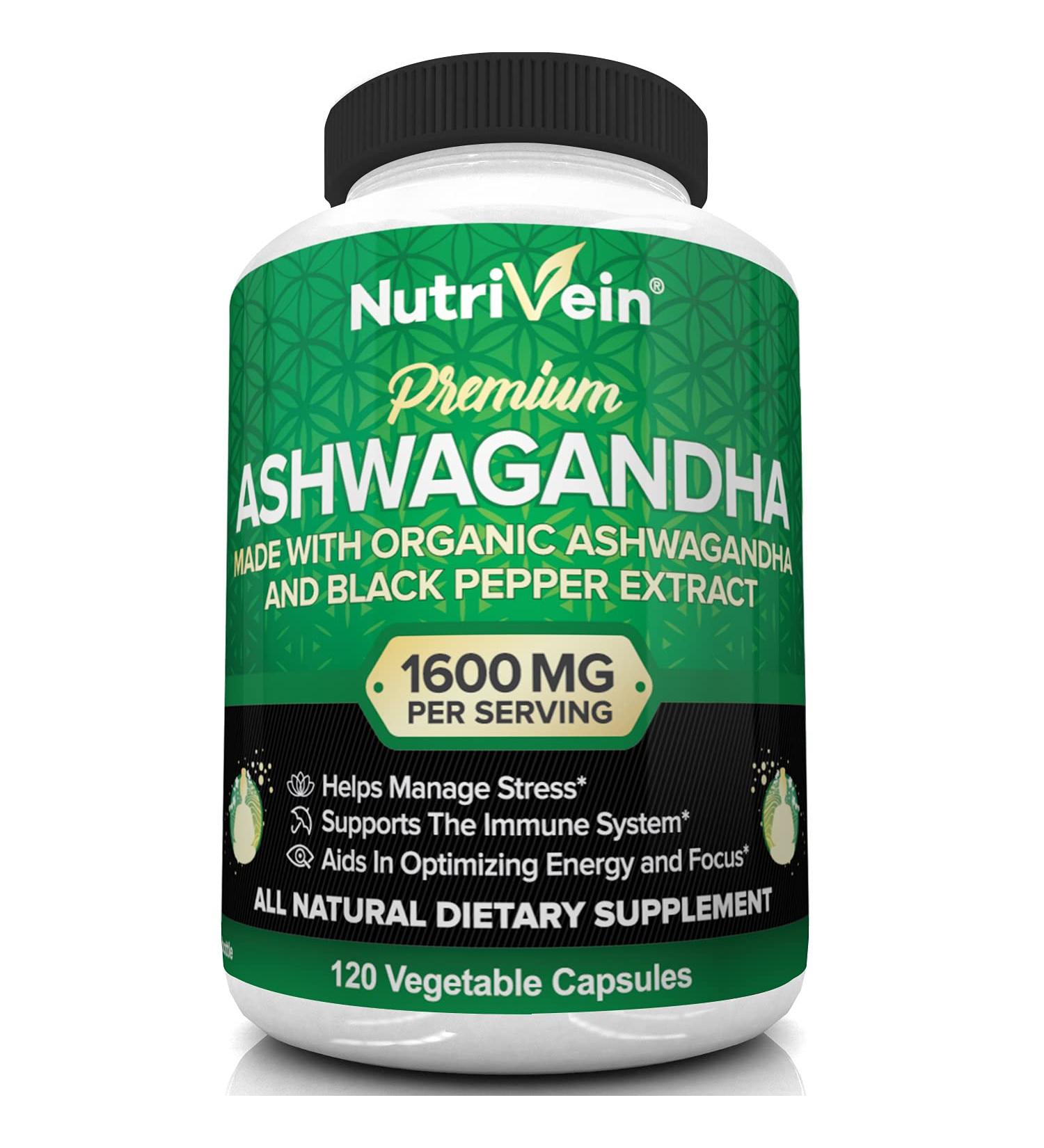 Nutrivein Organic Ashwagandha 1600mg with Black Pepper - 120 Vegan Pills for Stress Relief & Energy Boost - Buy Online on GoSupps.com