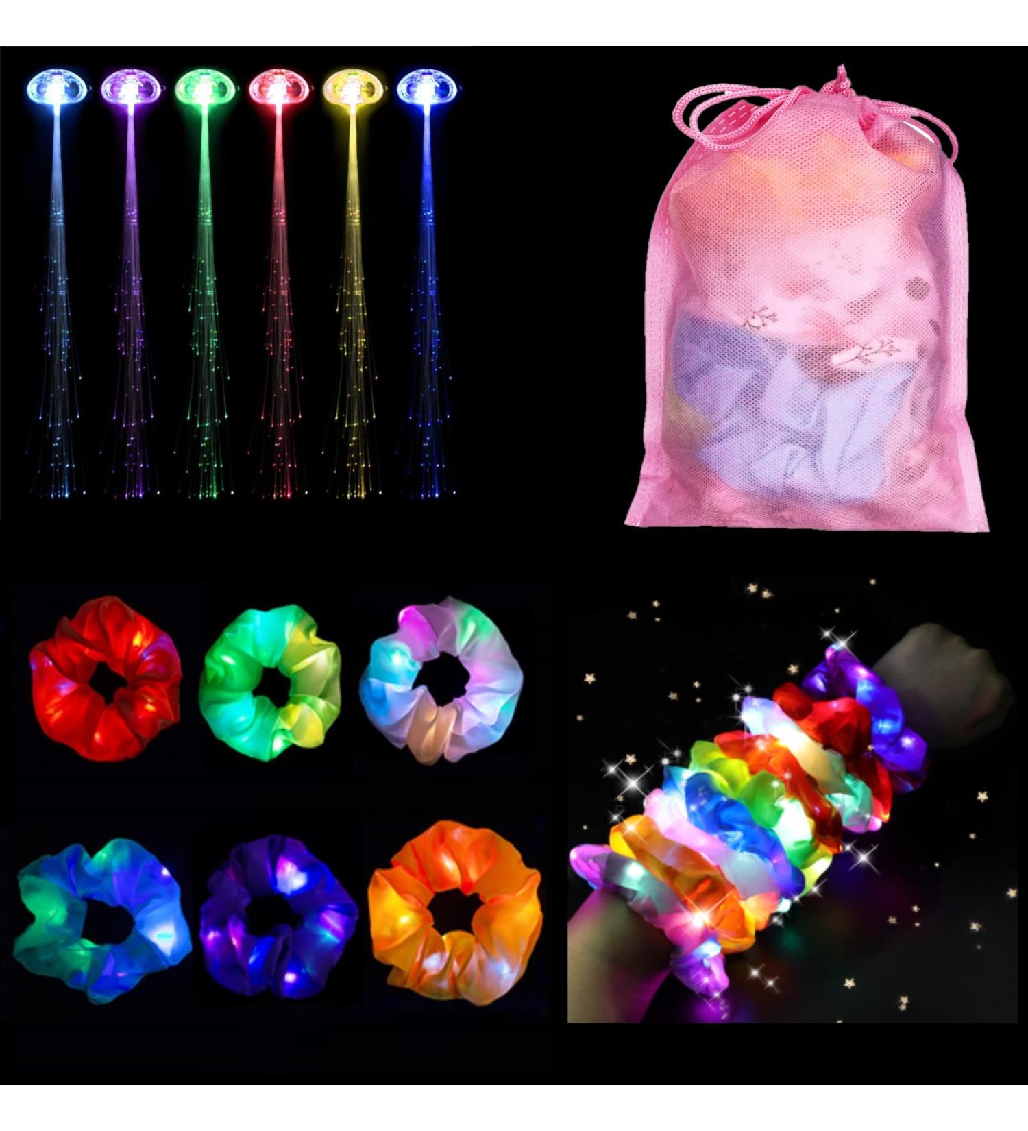 12 Pack LED Light Hair Accessories - Fluorescent Scrunchies, Fiber Optic Barrettes, Multicolor Glow in the Dark Party Favors - Buy Online on GoSupps.com
