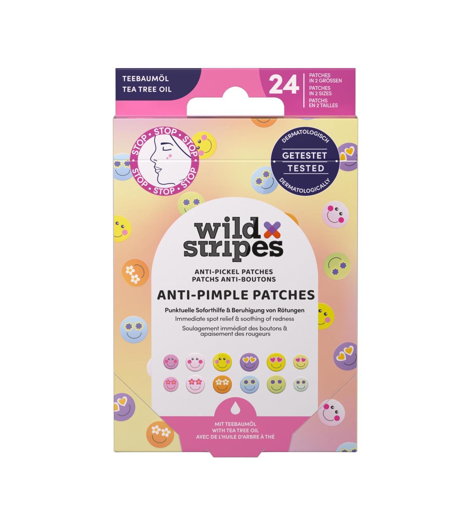 Wild Stripes - Anti-Pimple Patches Smile Stop - Patchs color s avec hydrokollo de et huile d arbre th pour soin rapide et efficace - Anti boutons et points noirs - Peau impure - 24 pcs Huile d'arbre th 24 unit (Lot de 1) - Buy Online on GoSupps.com