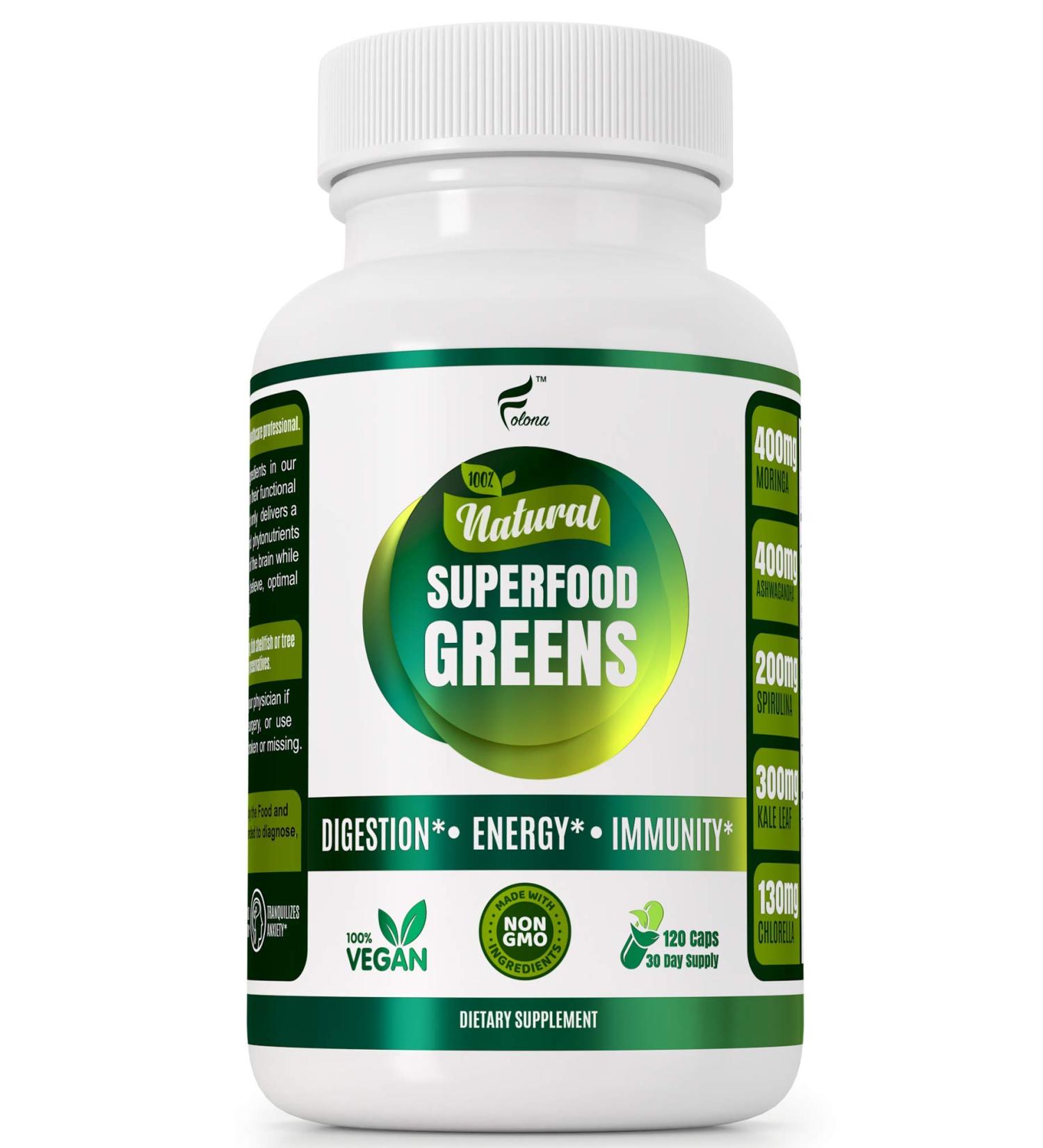Organic Vegan Super Greens Capsules with Ashwagandha - Immune Support & Energy Boost - Detox Pills with Chlorella, Moringa, Spirulina, Turmeric, Kale - Whole Food Nutrients for Improved Digestion - Buy Online on GoSupps.com