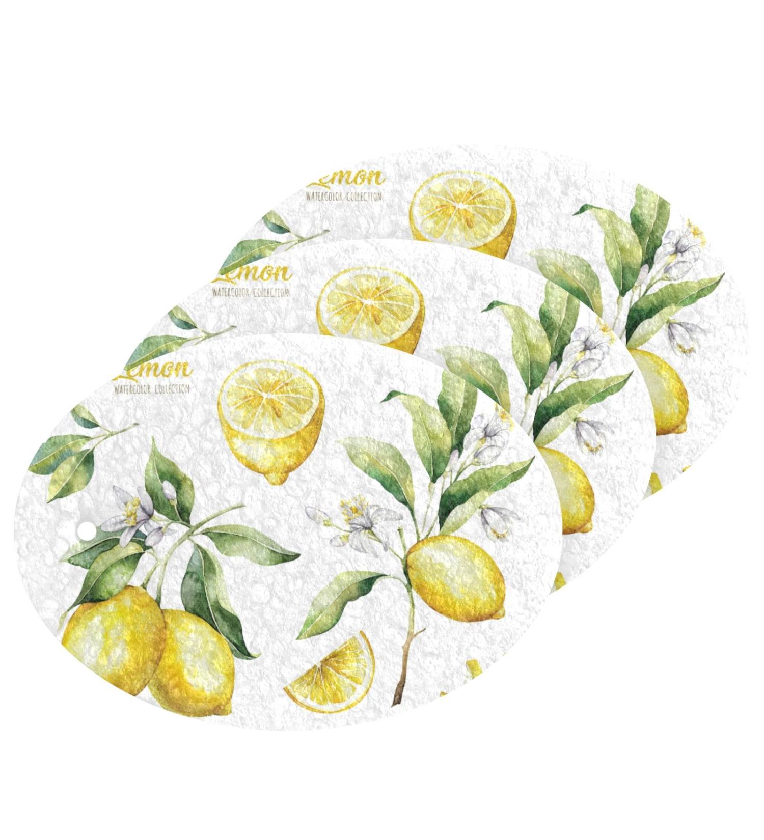 3-Pack Cleaning Kitchen Sponges Oval Watercolor Lemons Kitchen Cellulose Dishwashing Wood Pulp Cotton - Buy Online on GoSupps.com