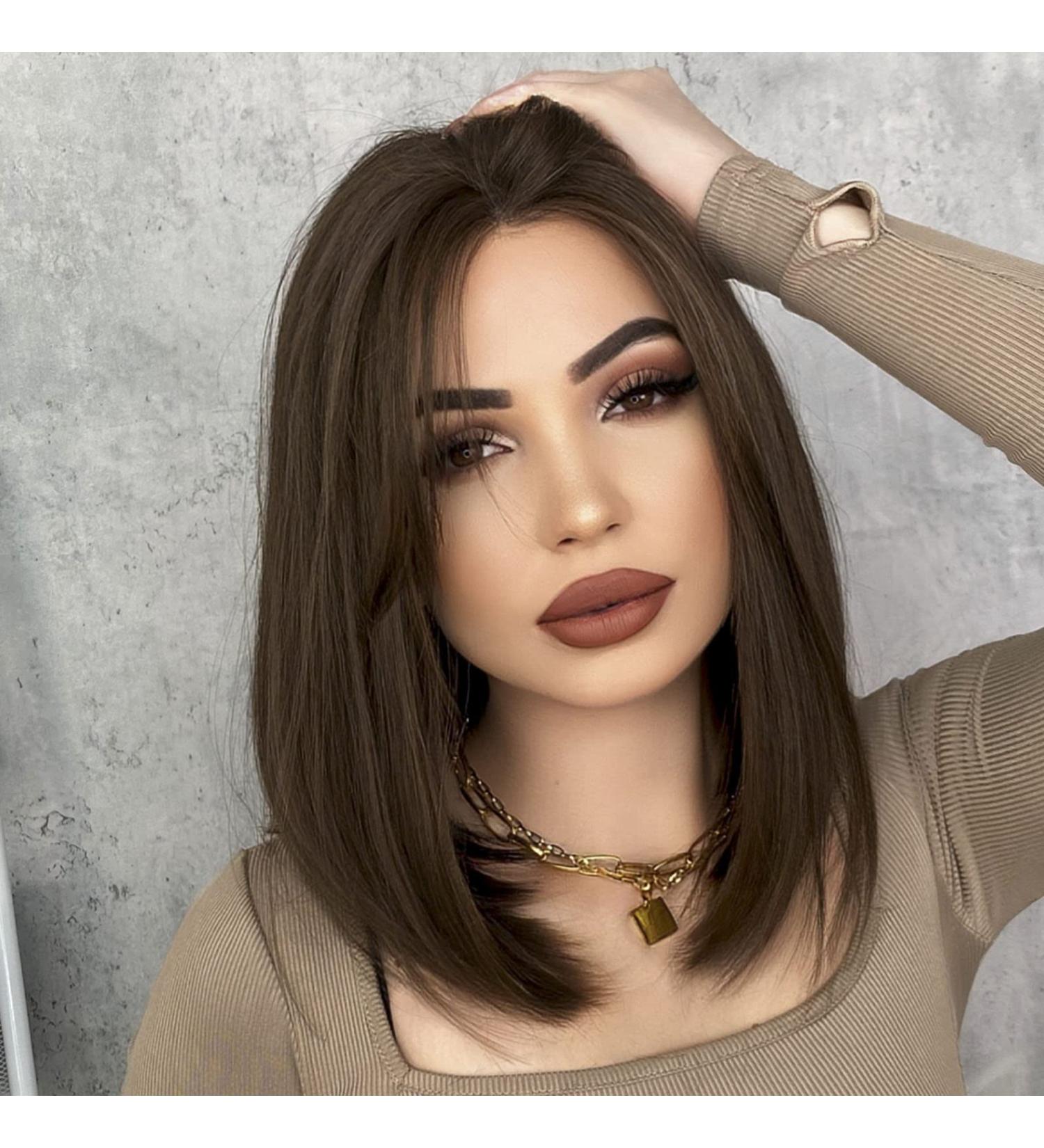 7JHH Short Straight Bob Lace Front Synthetic Wig - Shoulder Length Middle Part Highlighted Bob for Women - Daily Party & Cosplay Wear (15 Brown) - Buy Online on GoSupps.com
