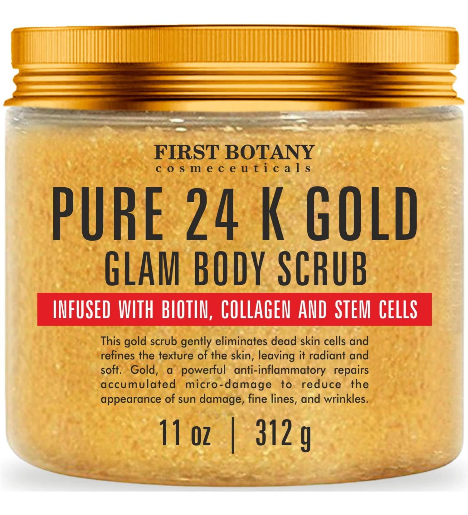 24K Gold Body Scrub with Collagen & Stem Cells - Exfoliating Salt Scrub for Skin Moisturizing, Acne, Cellulite, Wrinkles & Scars - 11 oz - Buy Online on GoSupps.com