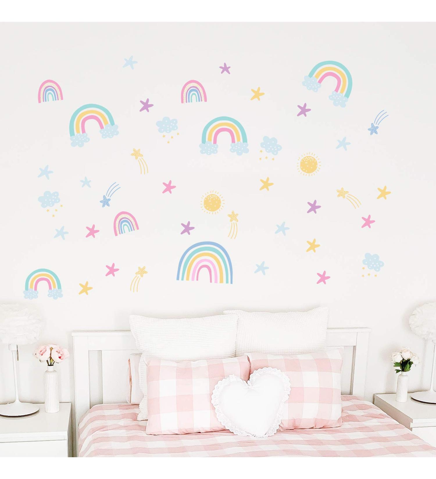 AIEX 58 Stickers Rainbow Wall Decals Pastel Rainbow Clouds Stars Sun Meteor Stickers for Girls Kids Kindergarten Room Nursery Decoration - Buy Online on GoSupps.com