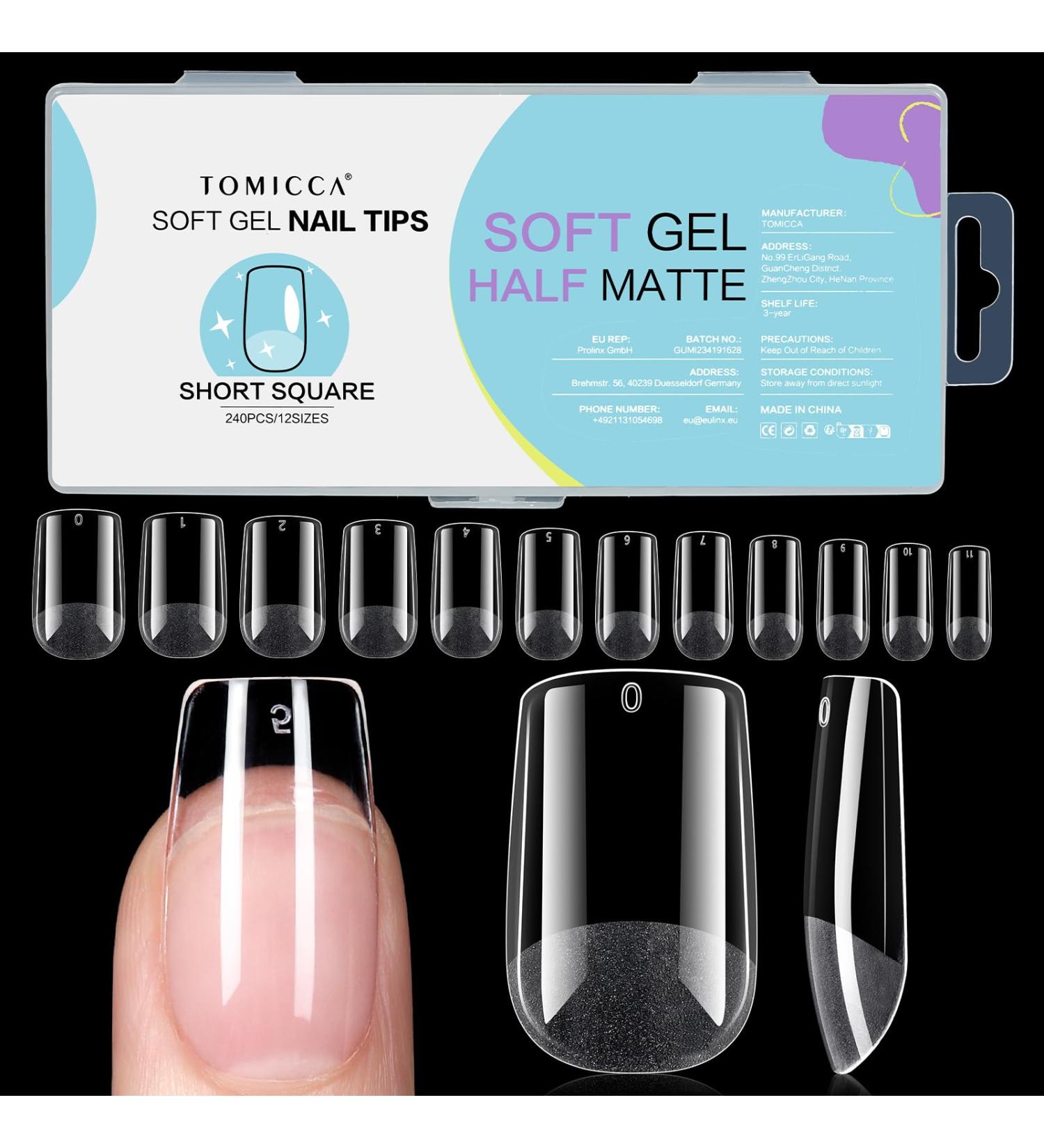 Tomicca Square Short Nail Tips - 240 Pieces Gel Full Cover & Acrylic Pre-shaped Half Matt Tips 12 Sizes for Perfect Gelly Nails - Buy Online on GoSupps.com