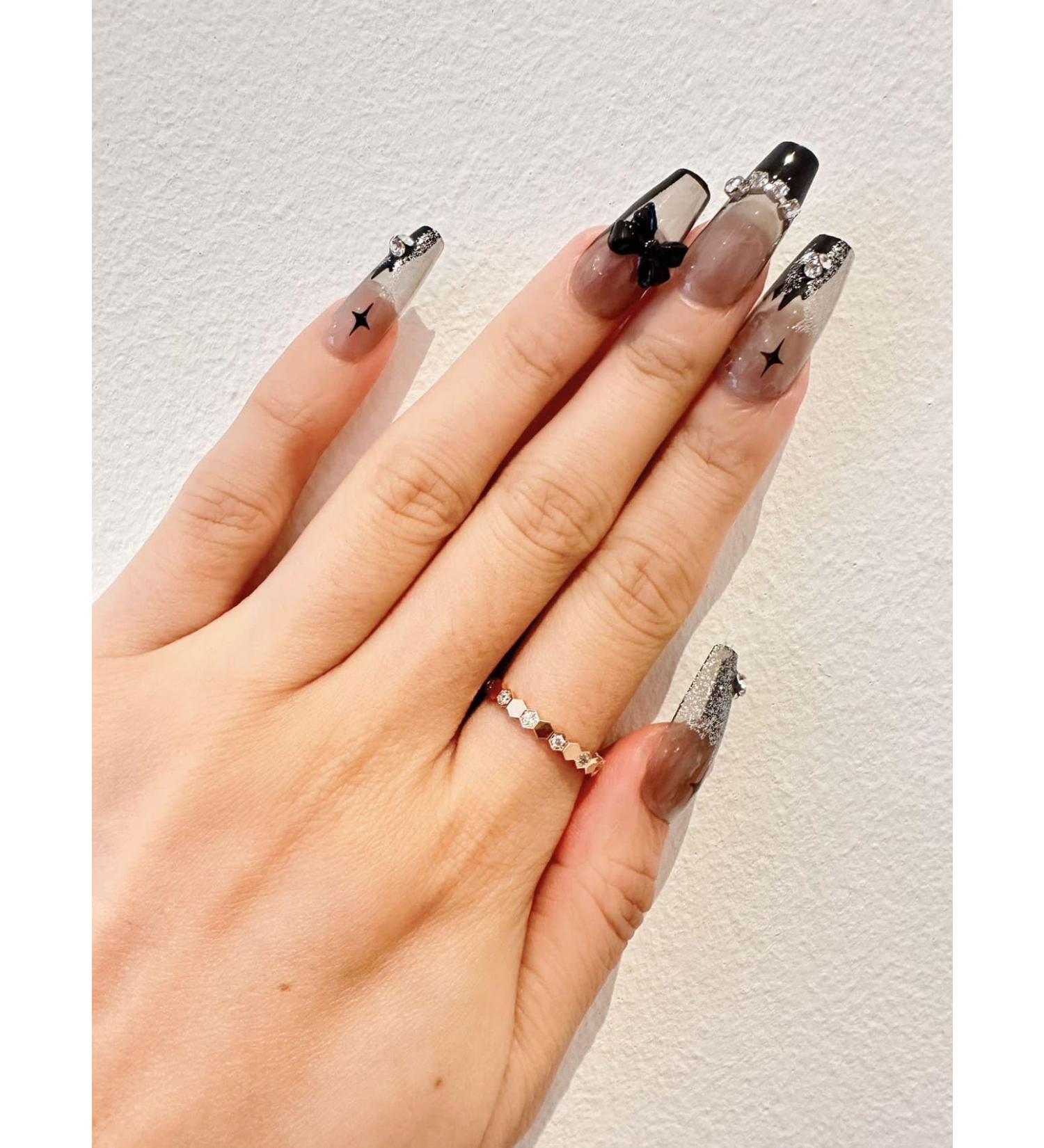 Long Squoval Transparent Black Base French Bow Crystal Star Fake Press On Nails - Buy Online on GoSupps.com