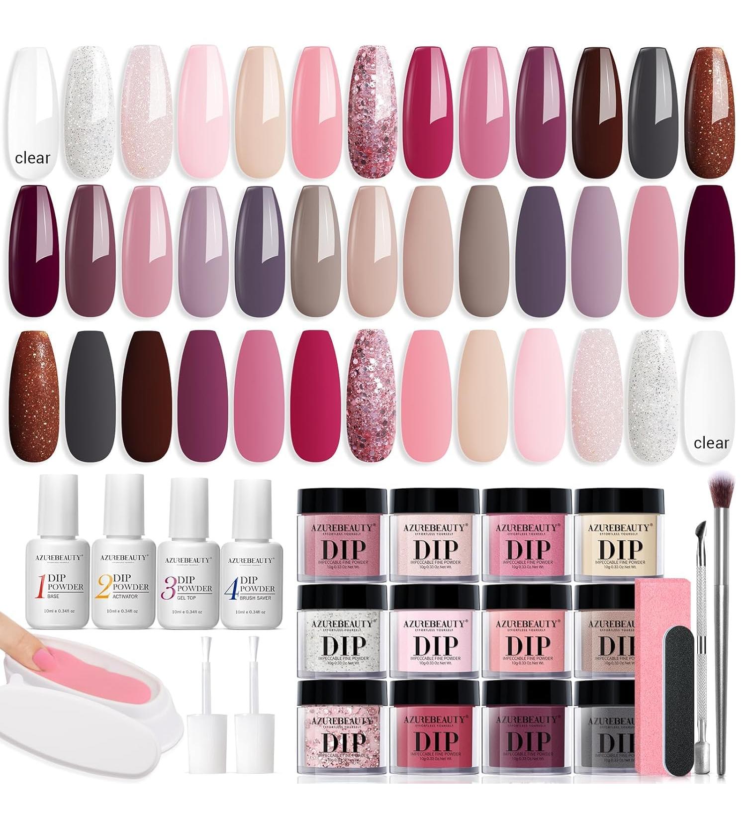 AZUREBEAUTY Dip Powder Nail Kit 29 Pcs 20 Colors Clear Nude Pink Brown Glitter All Season Acrylic Dipping Powder Liquid Set with Top/Base Coat Activator for French Nail Art DIY Salon Gift Az-01 Clear Nude Pink Brown Glitter - Buy Online on GoSupps.com