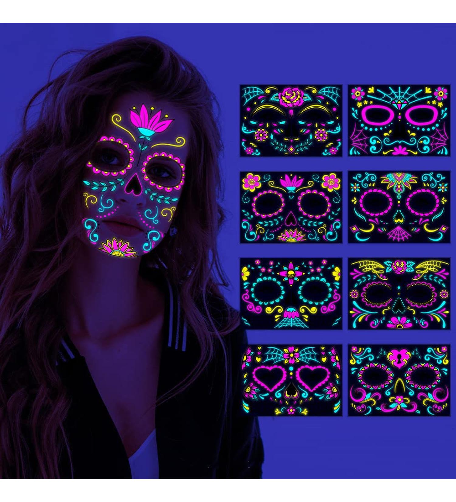 Beisto 8 Set Fluorescent Face Tattoo Stickers - Glow UV Neon Temporary Tattoos for Women - Halloween Christmas Festival Party Props - Buy Online on GoSupps.com