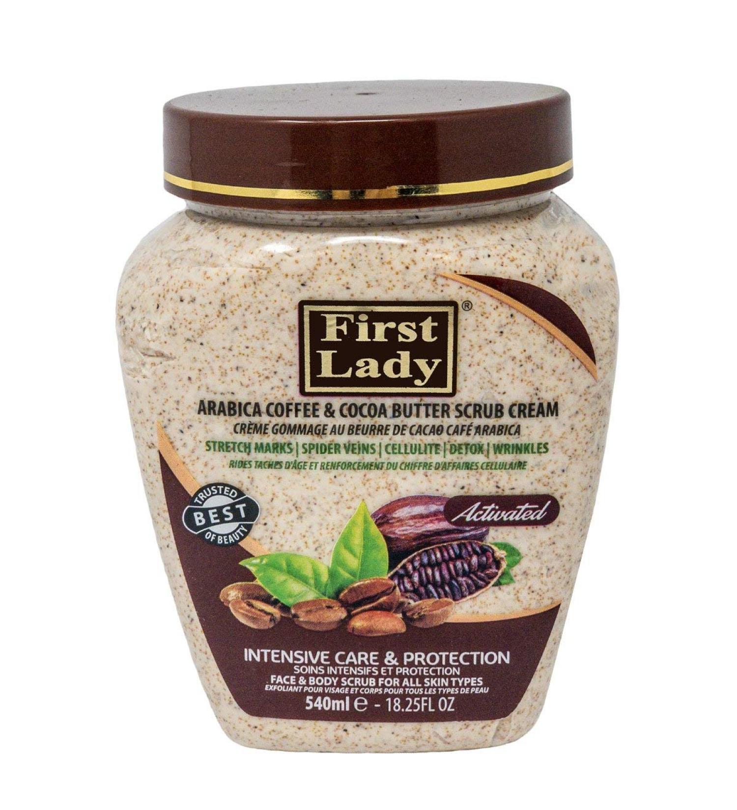 First Lady Activated Arabica Coffee & Cocoa Butter Scrub Cream 540ml - stretch marks spider veins cellulite and wrinkles - Face & Body