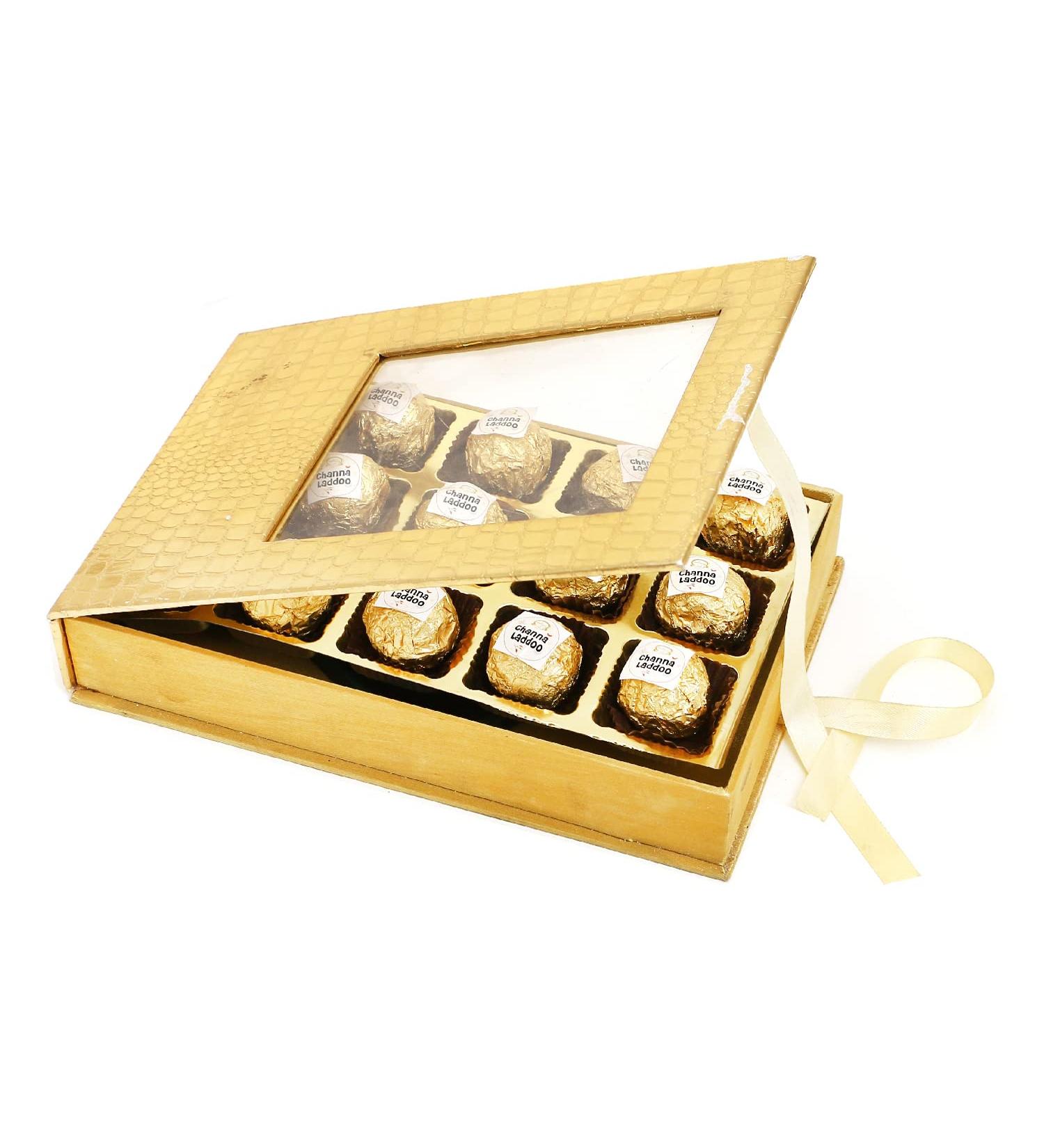 Jaiccha Ghasitaram Golden Leather Box of Channa Laddoos.|Gift for Diwali Gifts Holi Rakhi Valentine Christmas Birthday Anniversary Her Him| - Buy Online on GoSupps.com