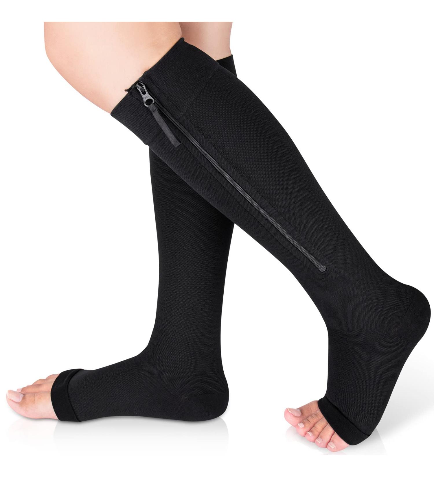 Ailaka Zipper Compression Socks 15-20mmHg Open Toe Knee High Support for Varicose Veins & Swelling - 2X-Large, Black - Buy Online on GoSupps.com