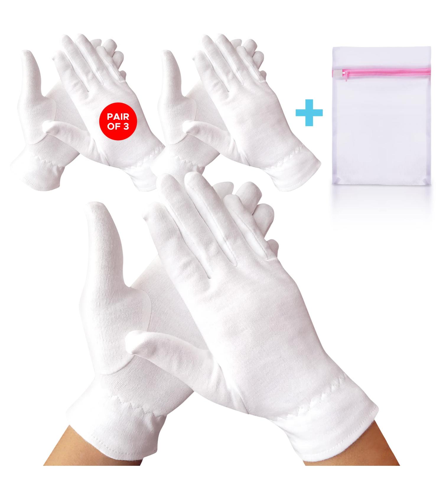 3 Pairs White Premium Cotton Sleep Gloves for Eczema and Dry Hands - Overnight Moisturizing Gloves for Men and Women - Includes Mesh Laundry Bag - Fits Most - Buy Online on GoSupps.com