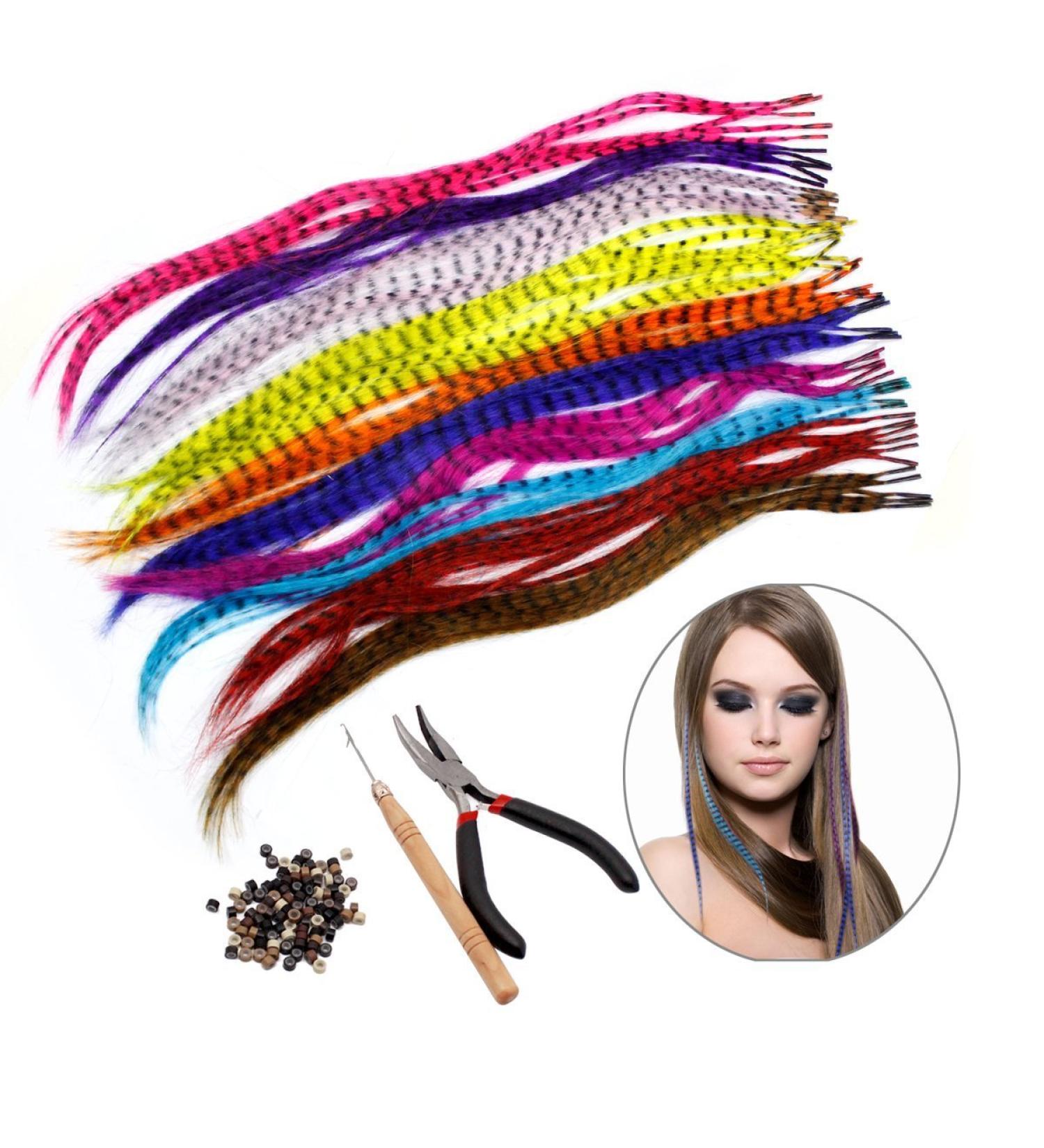 HQdeal Feather Hair Extension Kit - 52 Synthetic Feathers, 100 Beads, Pliers & Hook (Mixed Colors) - Buy Online on GoSupps.com