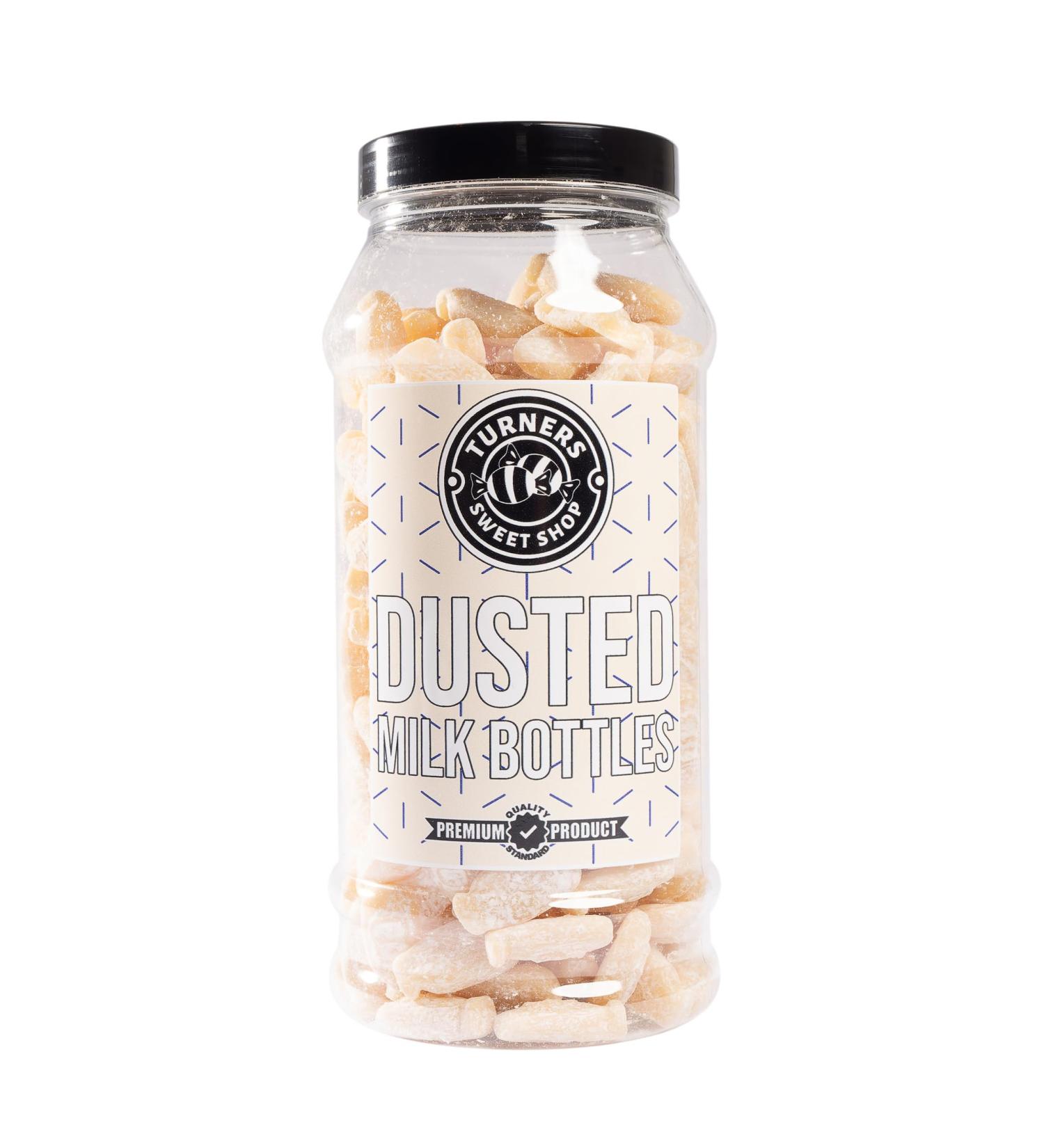 Dusted Milk Bottles - 580g by Turners Sweet Shop Traditional Retro Gift Jar Classic Original Pick & Mix Sweets Quality Confectionary Fantastic Gifts for Him Her or Them