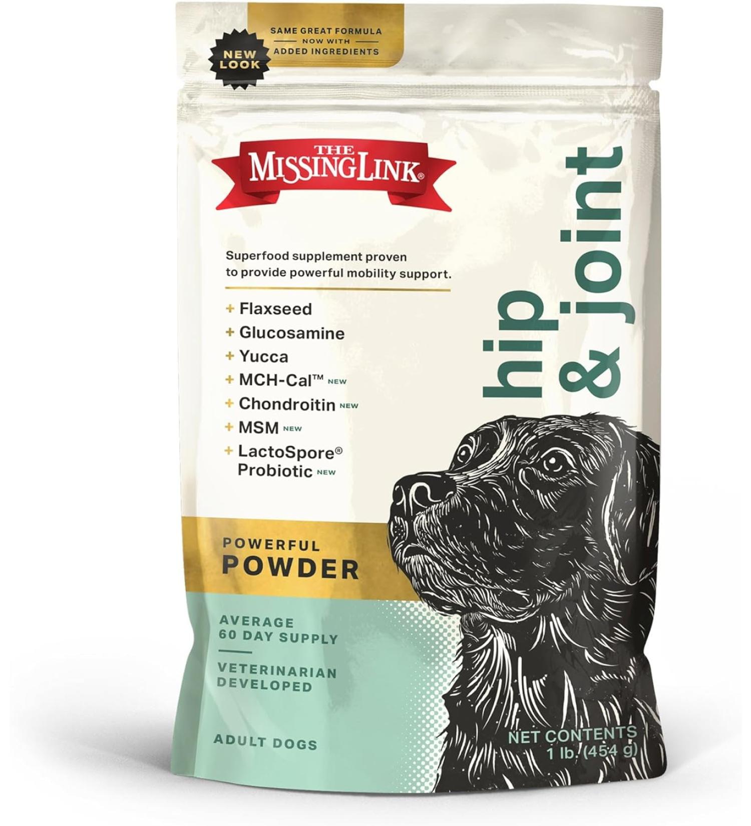 The Missing Link Original Hips & Joints Powder All-Natural Veterinarian Formulated Superfood Dog Supplement Balanced Omegas 3 & 6 + Glucosamine + Dietary Fiber for Mobility & Digestive Health 1lb
