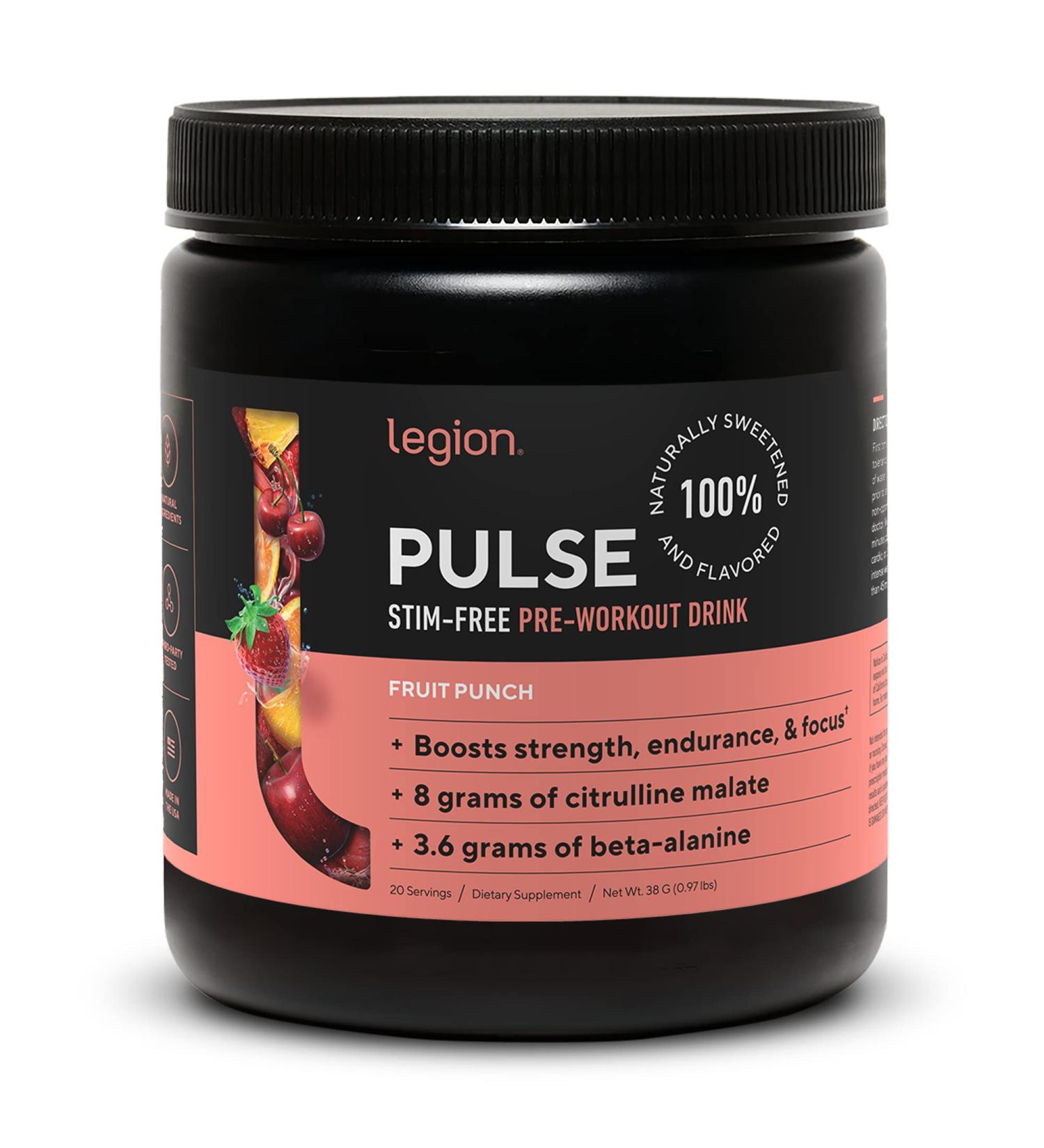 LEGION Pulse Pre Workout Supplement - Natural Nitric Oxide Boost Energy Drink (Caffeine Free Fruit Punch) - Buy Online on GoSupps.com