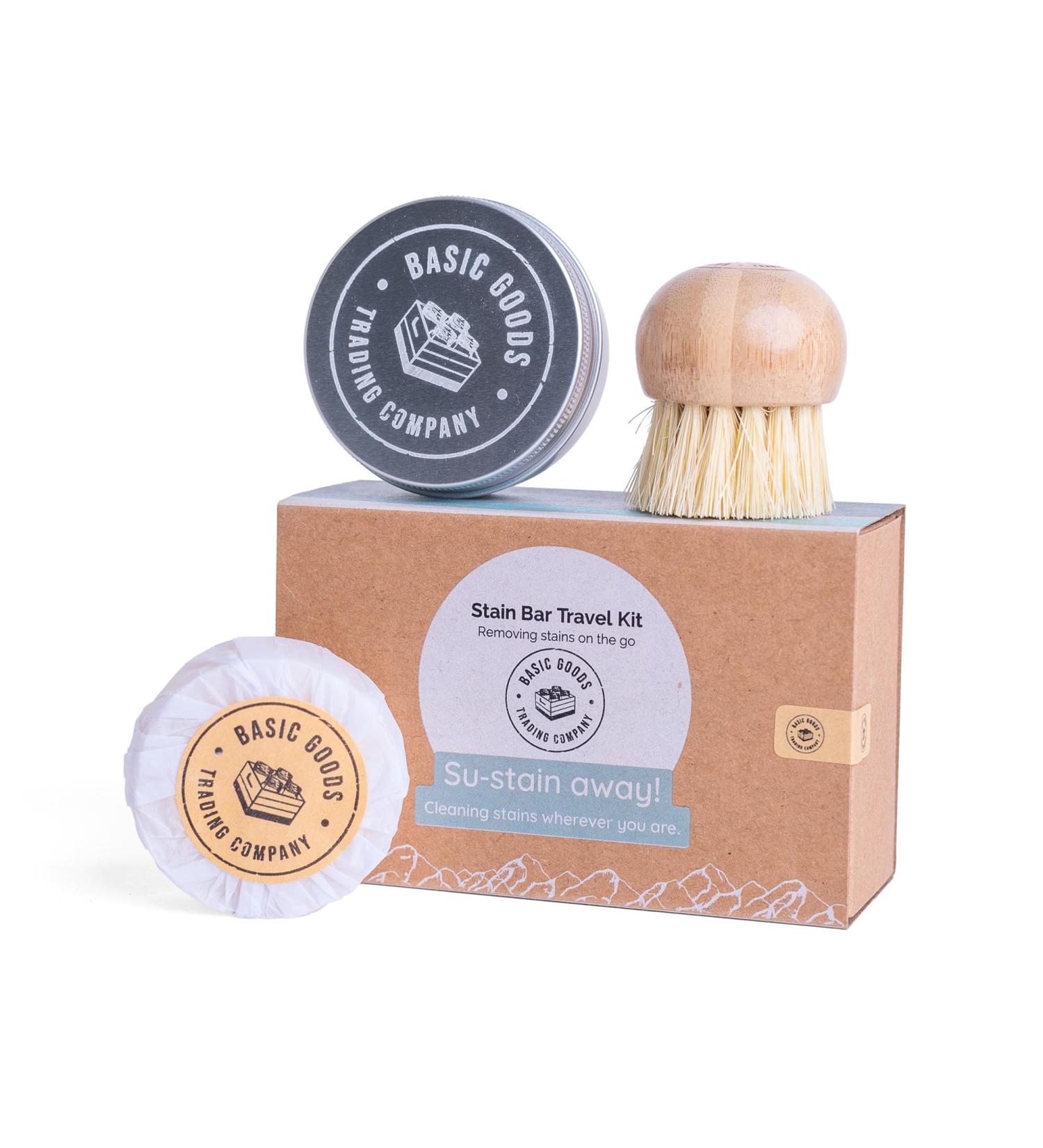 Basic Goods Trading Company Stain Bar Travel Kit - Laundry Spot Stain Remover with Bamboo Scrub Brush - Organic Materials & Cruelty Free - Alternative to Stain Remover Stick/Pen - Buy Online on GoSupps.com
